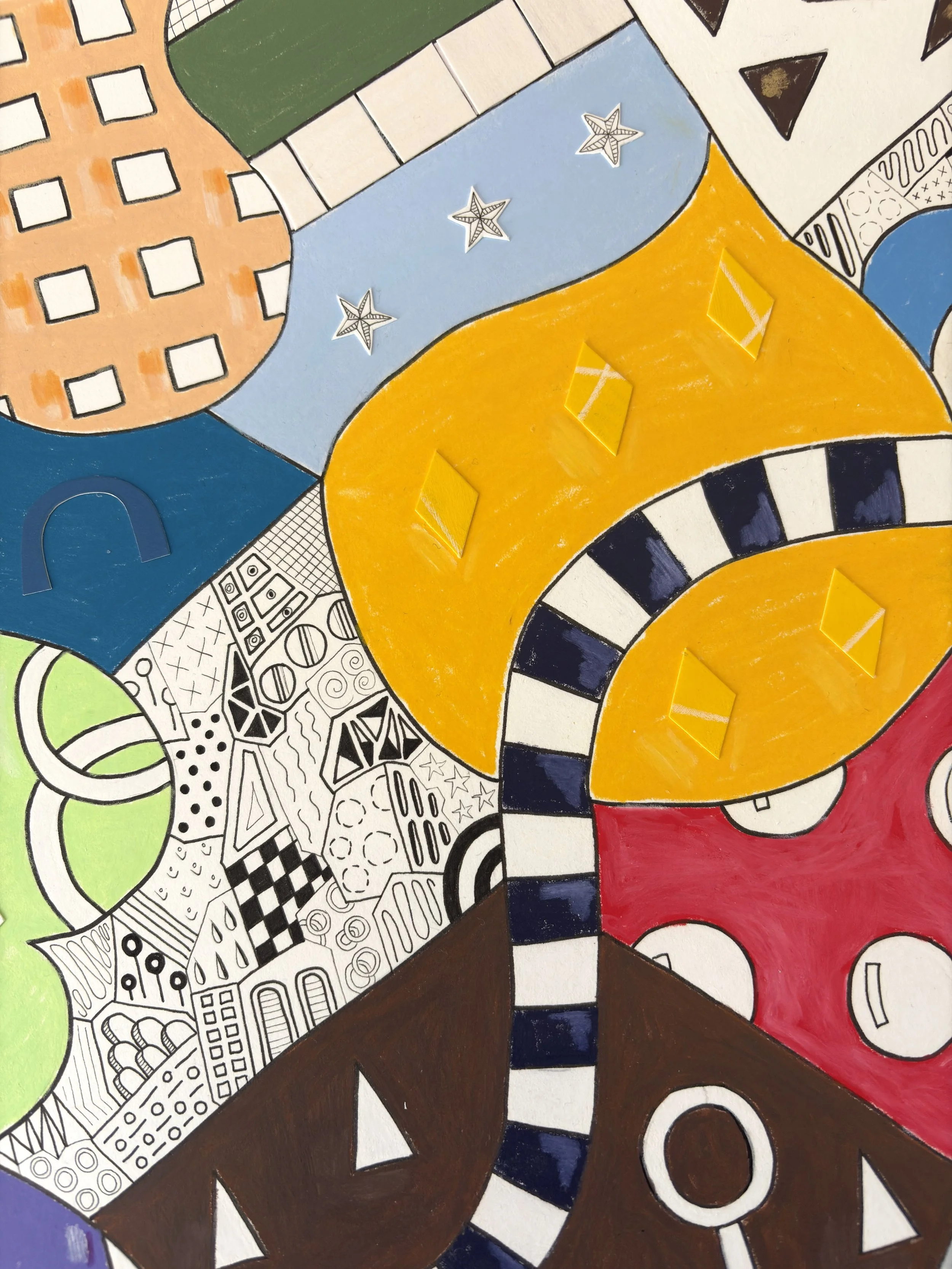 Close-up detail of Invented Landscape, original mixed media on A2 paper with blocks of colour, collage, pattern, and hand-drawn marks arranged in a structured, layered composition.