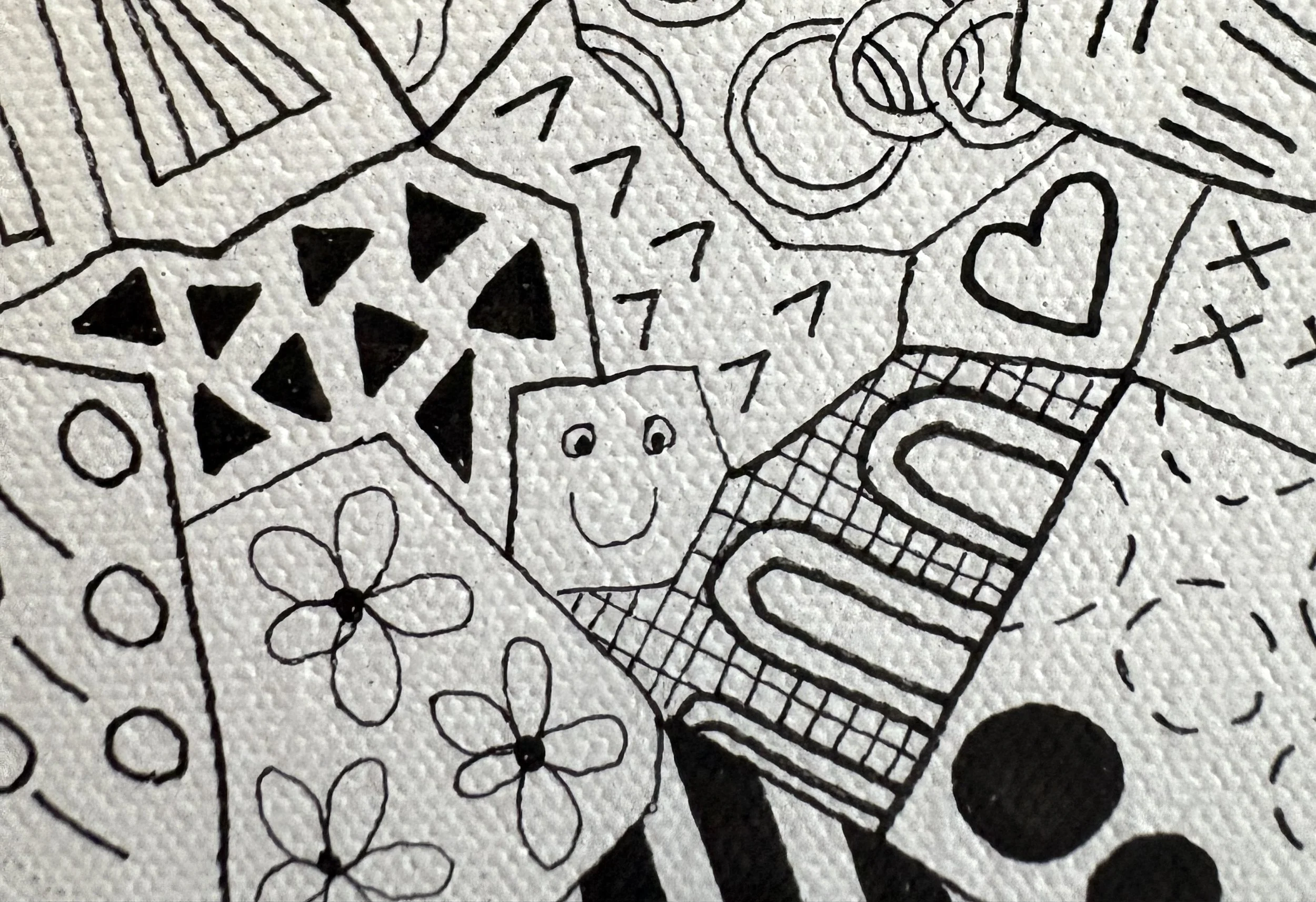 Spot The Happy Smile, original mixed media abstract on canvas with a white background and colourful spots, close-up detail.