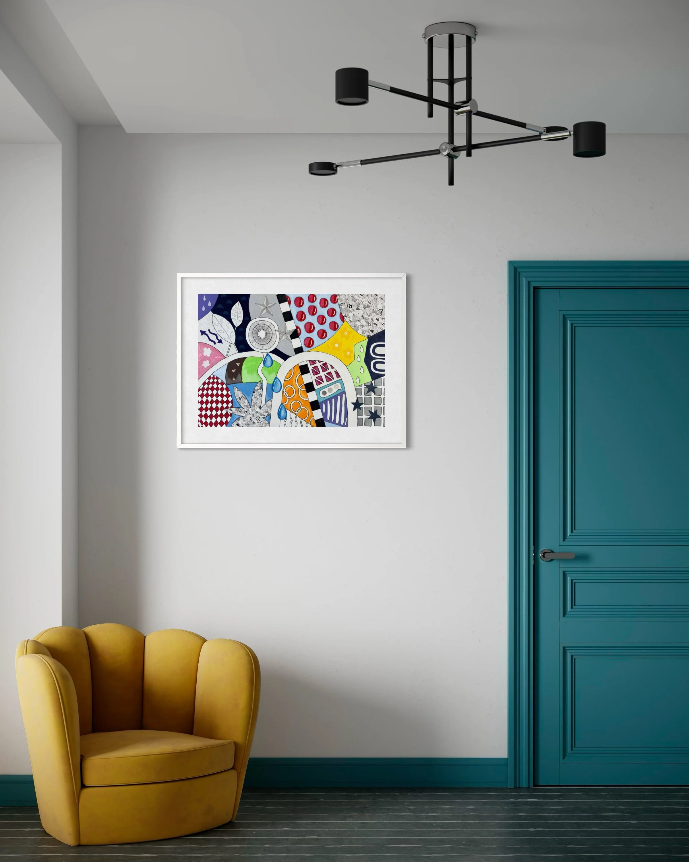 Now, Where Was I?, original mixed-media abstract artwork featuring colourful sections, organic forms, patterns and geometric elements, displayed framed in a modern interior.