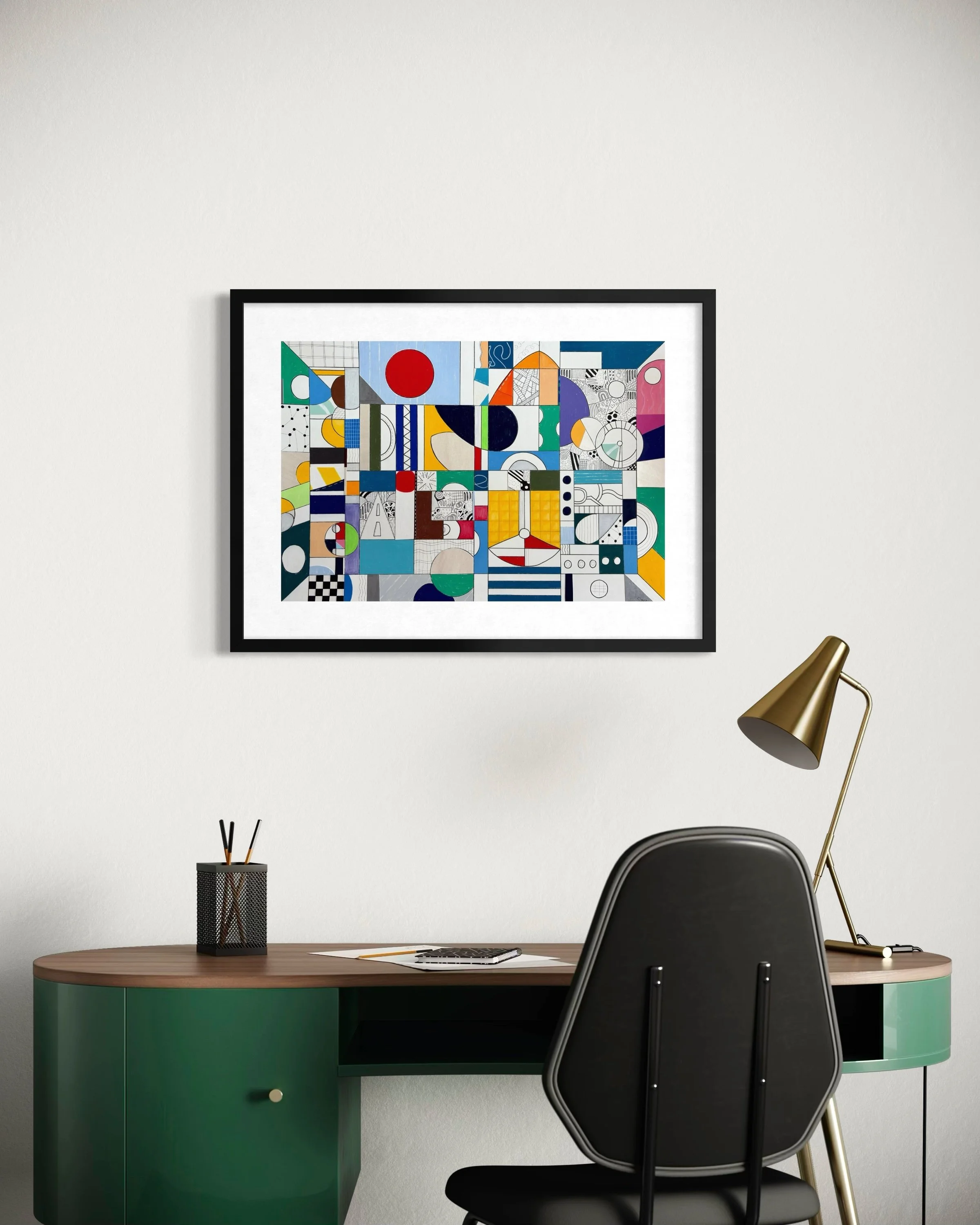 Inner Infrastructure, original mixed media on A2 paper with geometric and abstract forms, colour blocks, patterns and hand-drawn marks, styled in a modern home office.