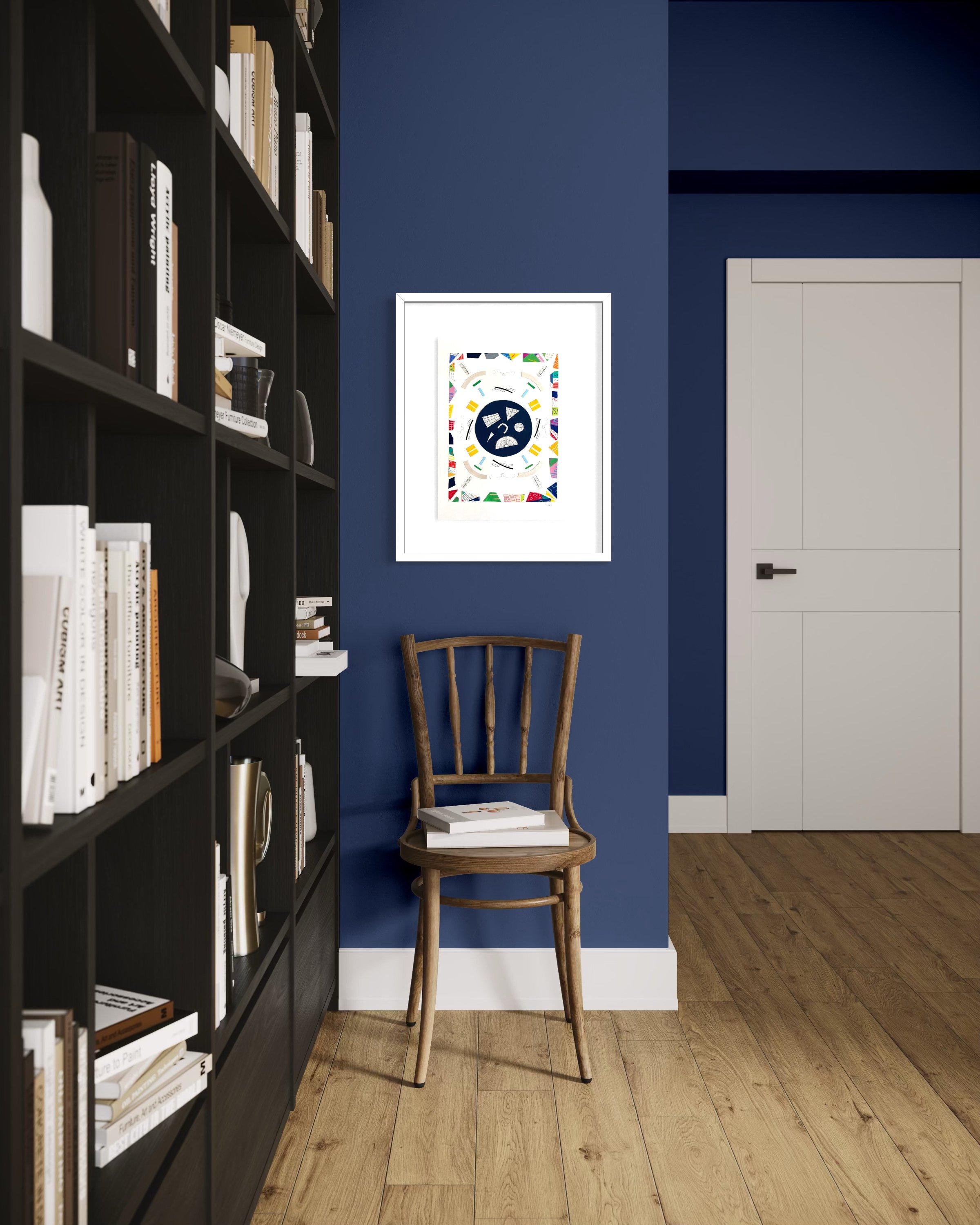 A Measured Arrangement, A3 abstract mixed media collage with central pen drawings and painted fragments, framed by a border of acrylic marker and gel pen pieces framed and displayed on a blue wall.