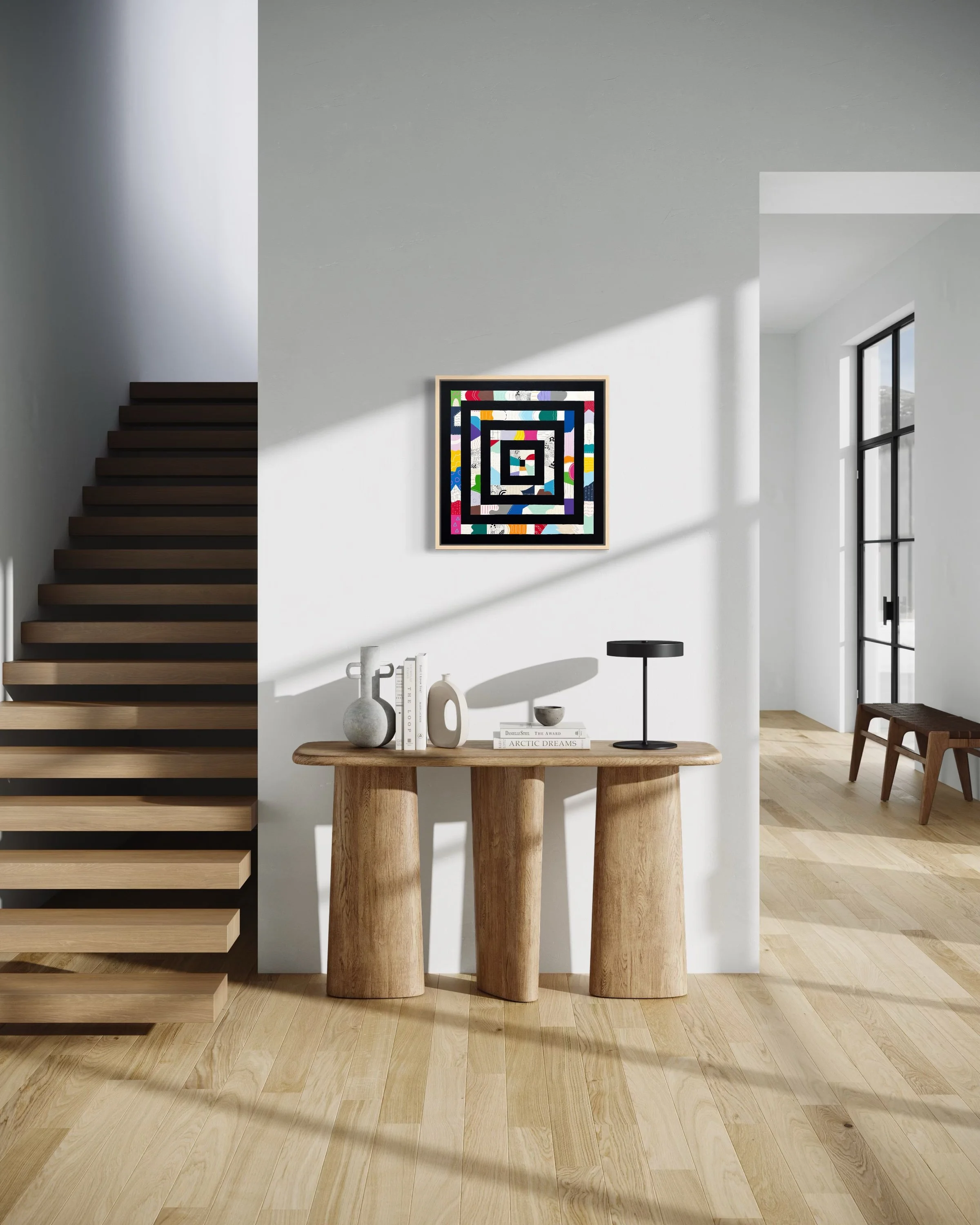 Freedom Within Boundaries, original abstract artwork on canvas featuring nested square frames in Paynes grey filled with bold, playful patterns and colour, styled in a modern home entrance.