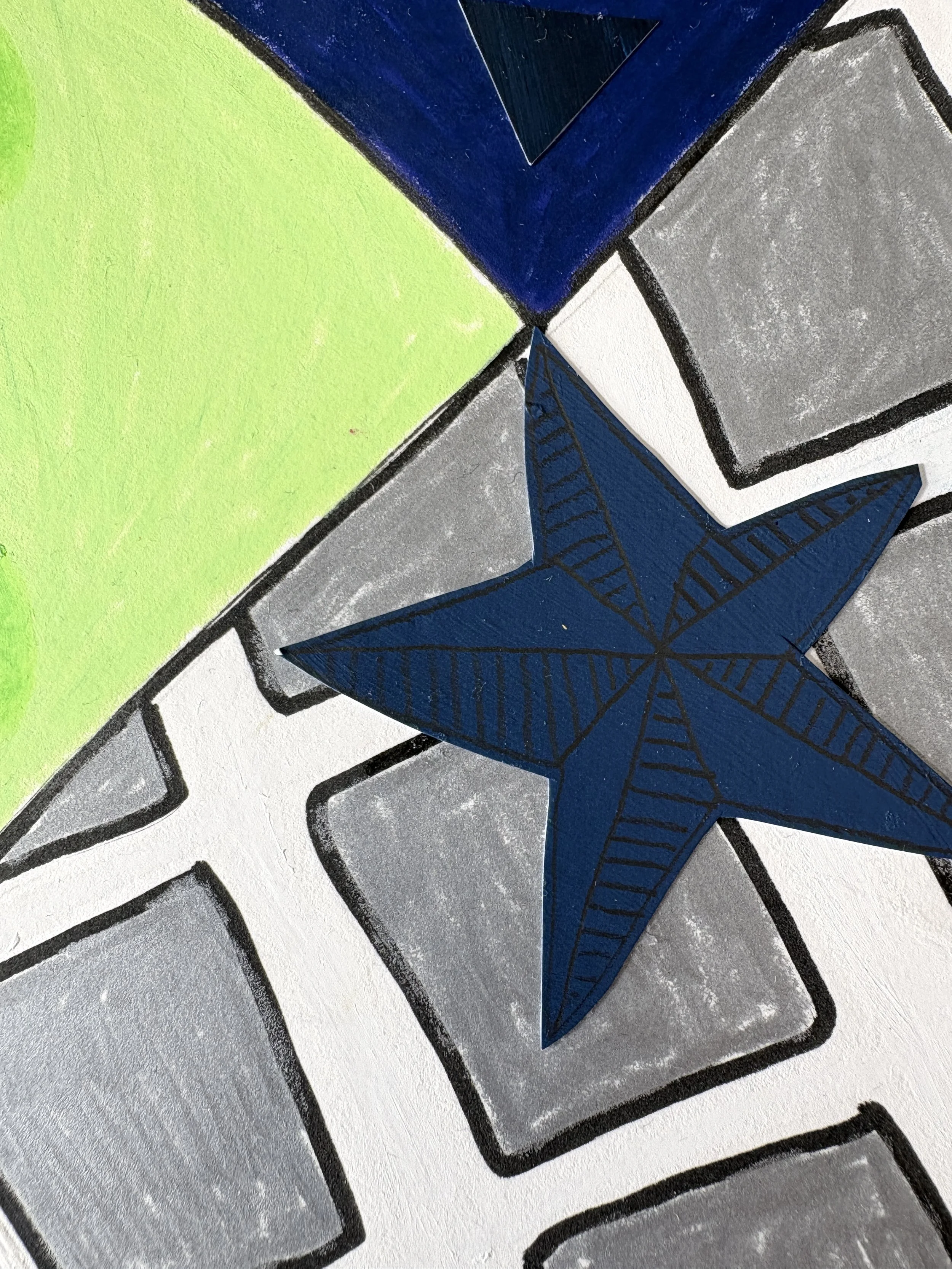 Close-up detail of Now, Where Was I?, original mixed-media abstract artwork featuring contrasting sections of colour, intricate pen marks, organic forms, patterns and geometric elements.