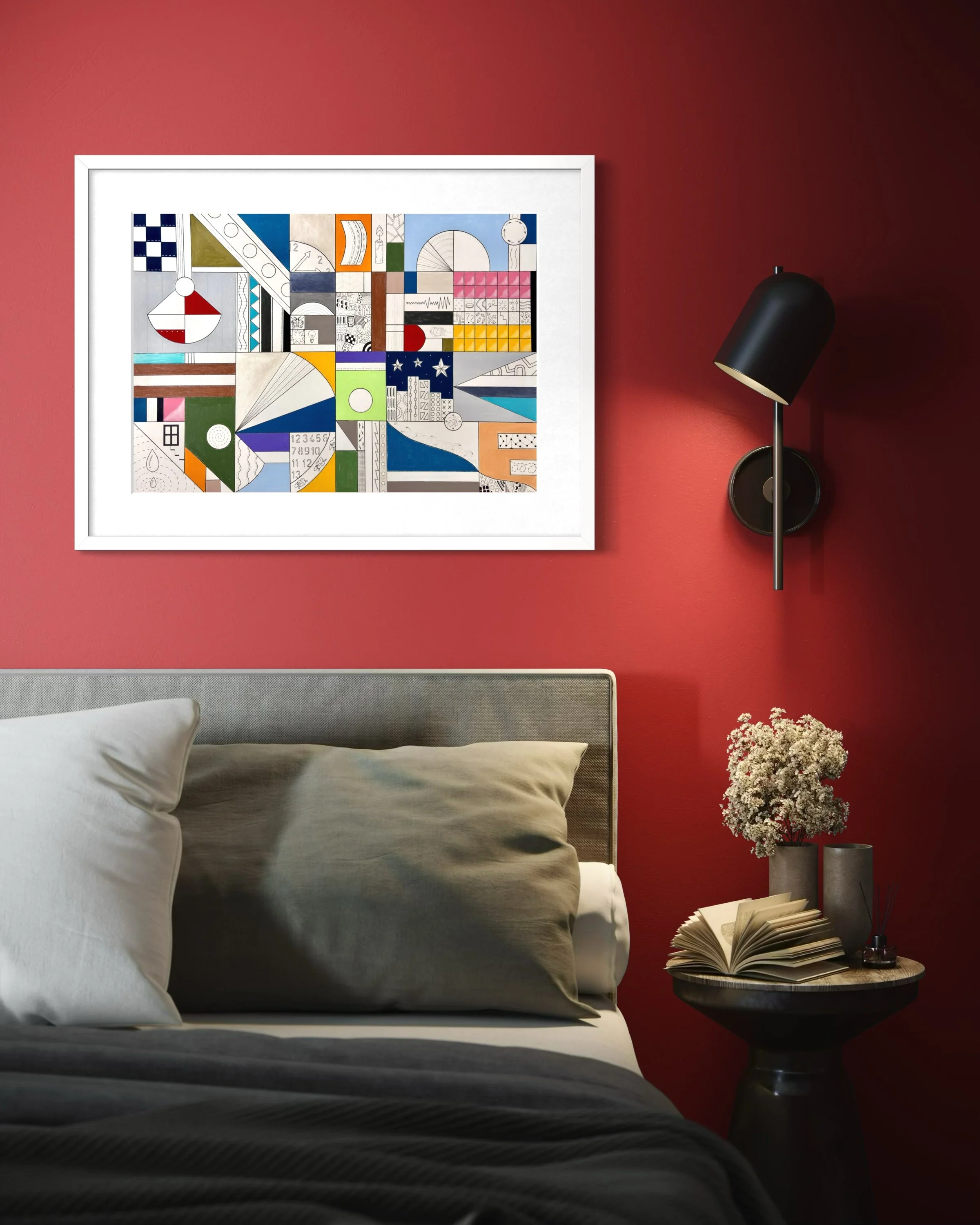 Night Mind, original mixed media abstract artwork on A2 paper featuring a structured composition with black ink borders, colour, pen doodles and symbolic motifs, displayed framed in a modern interior.