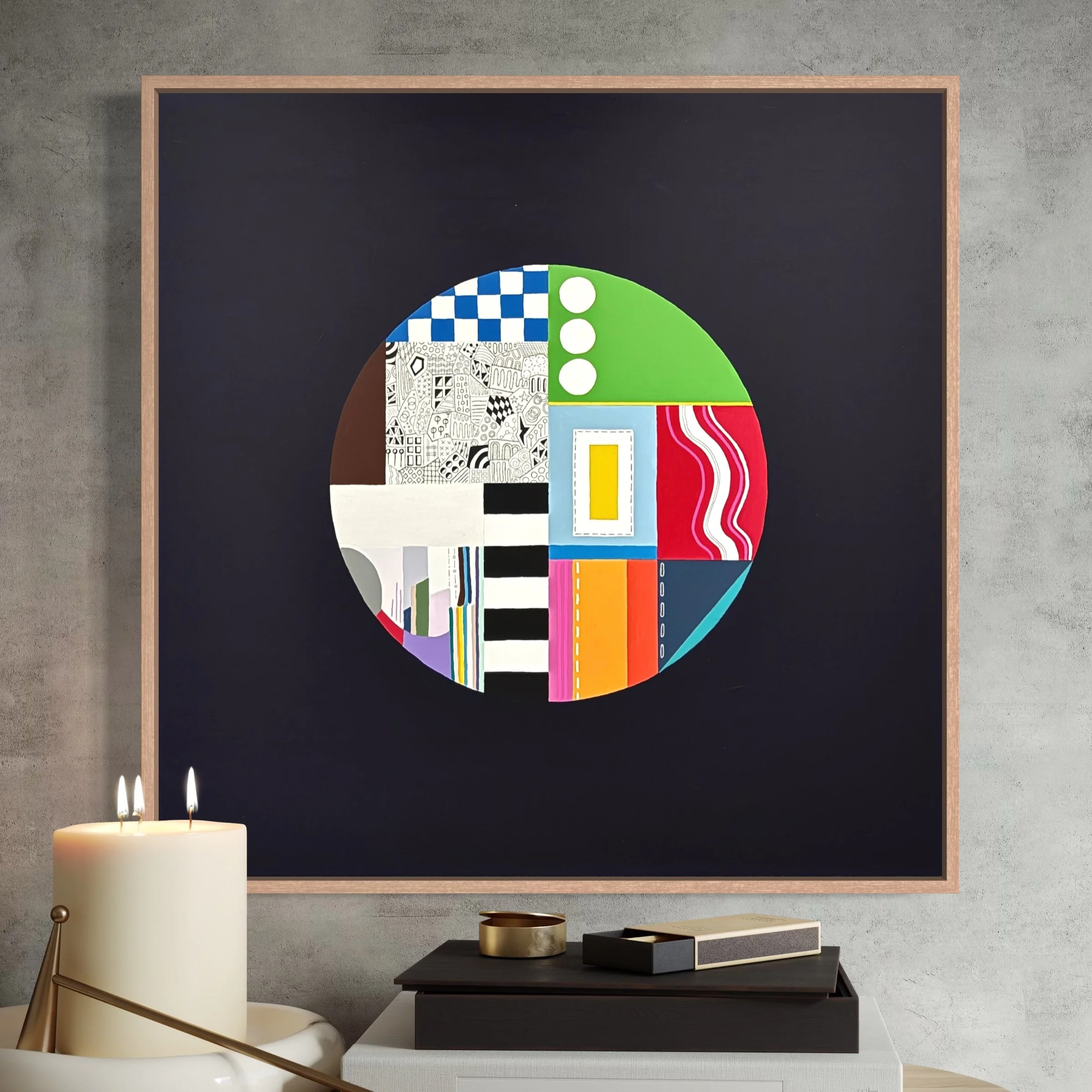 In a Roundabout Way, original mixed media abstract artwork featuring a circular composition, colour, patterns and geometric elements, displayed framed in a modern interior.