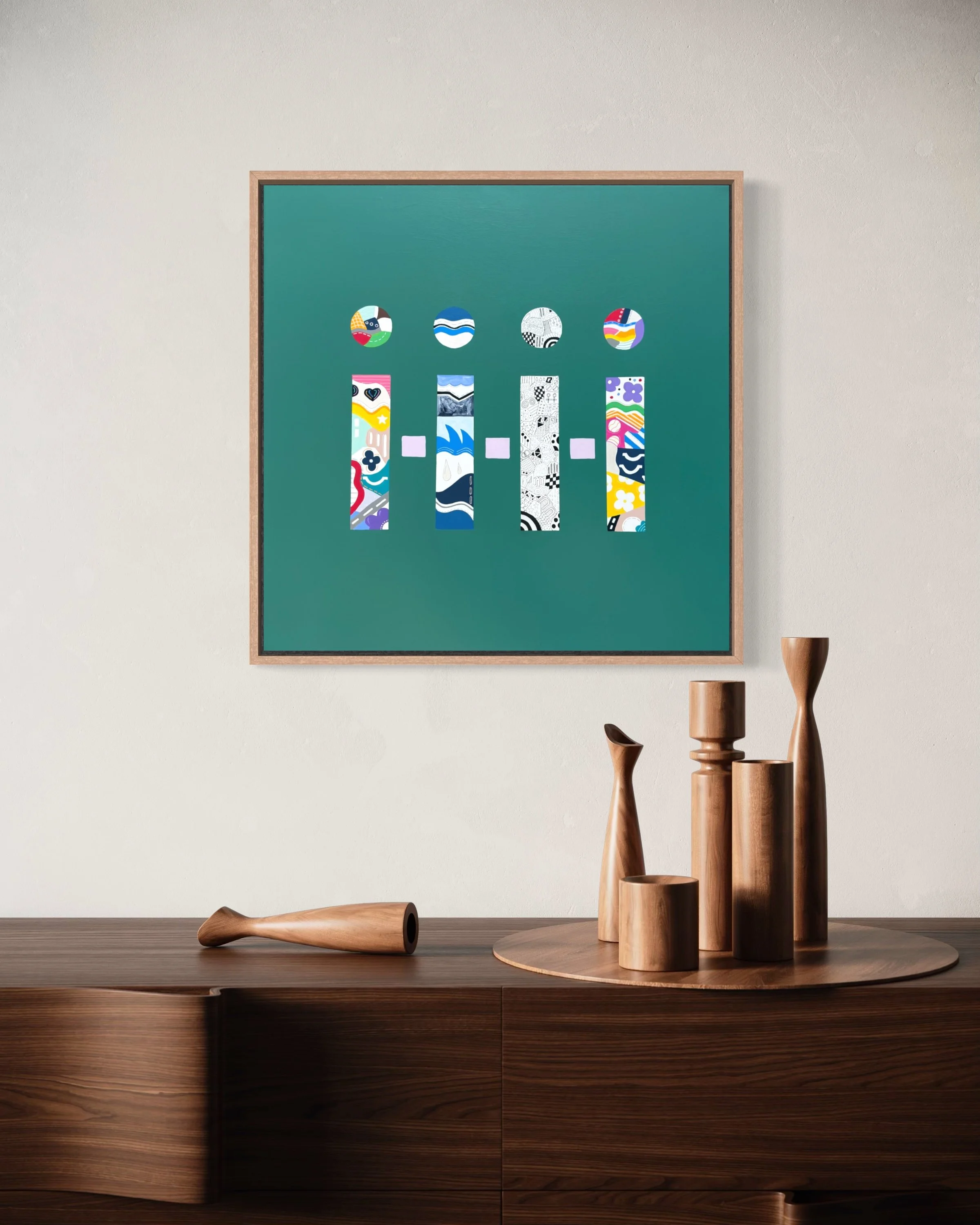 Being There, original mixed media abstract on canvas with a green background, displayed in a modern interior.
