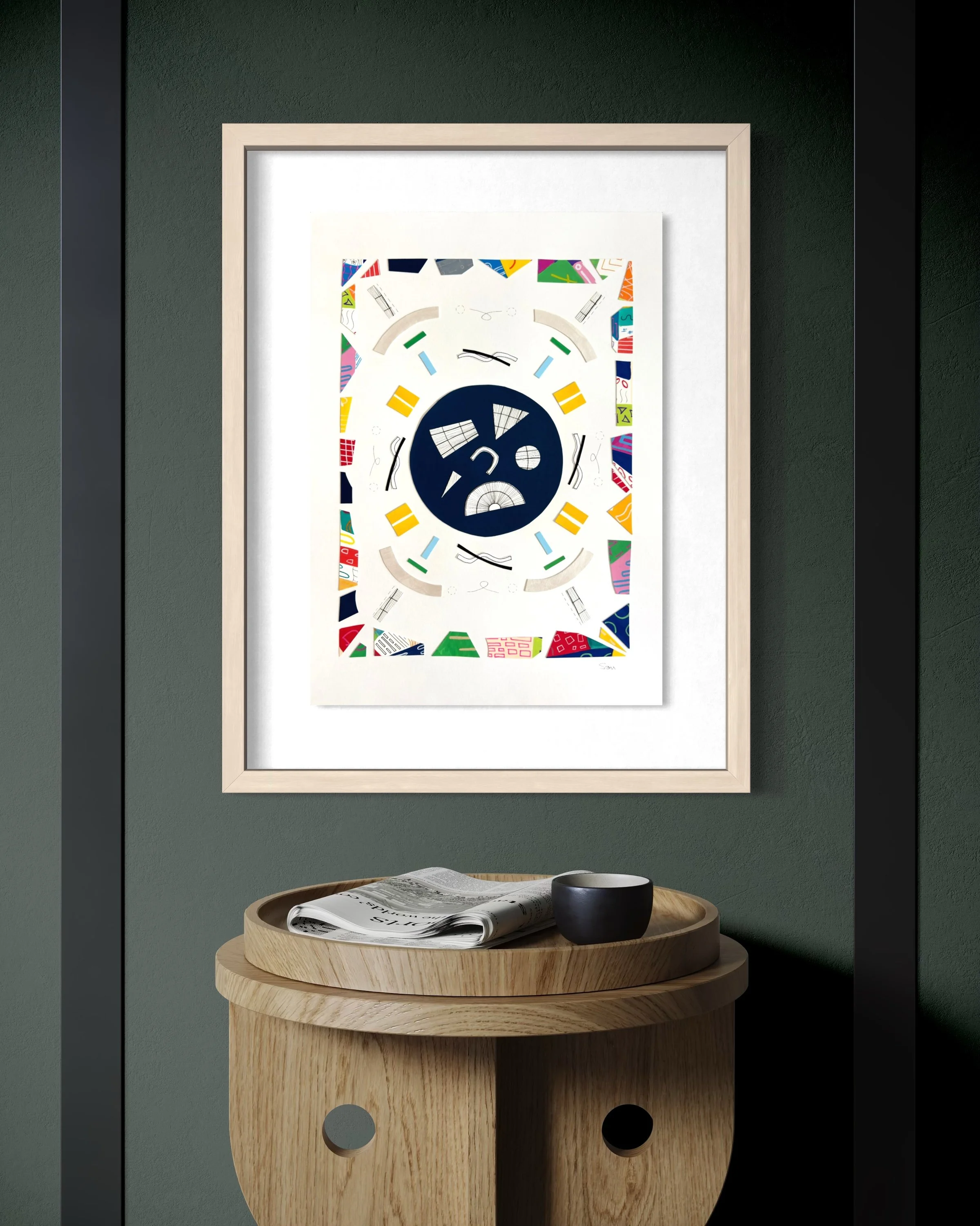A Measured Arrangement, A3 abstract mixed media collage with central pen drawings and painted fragments, framed by a border of acrylic marker and gel pen pieces styled in a modern interior.