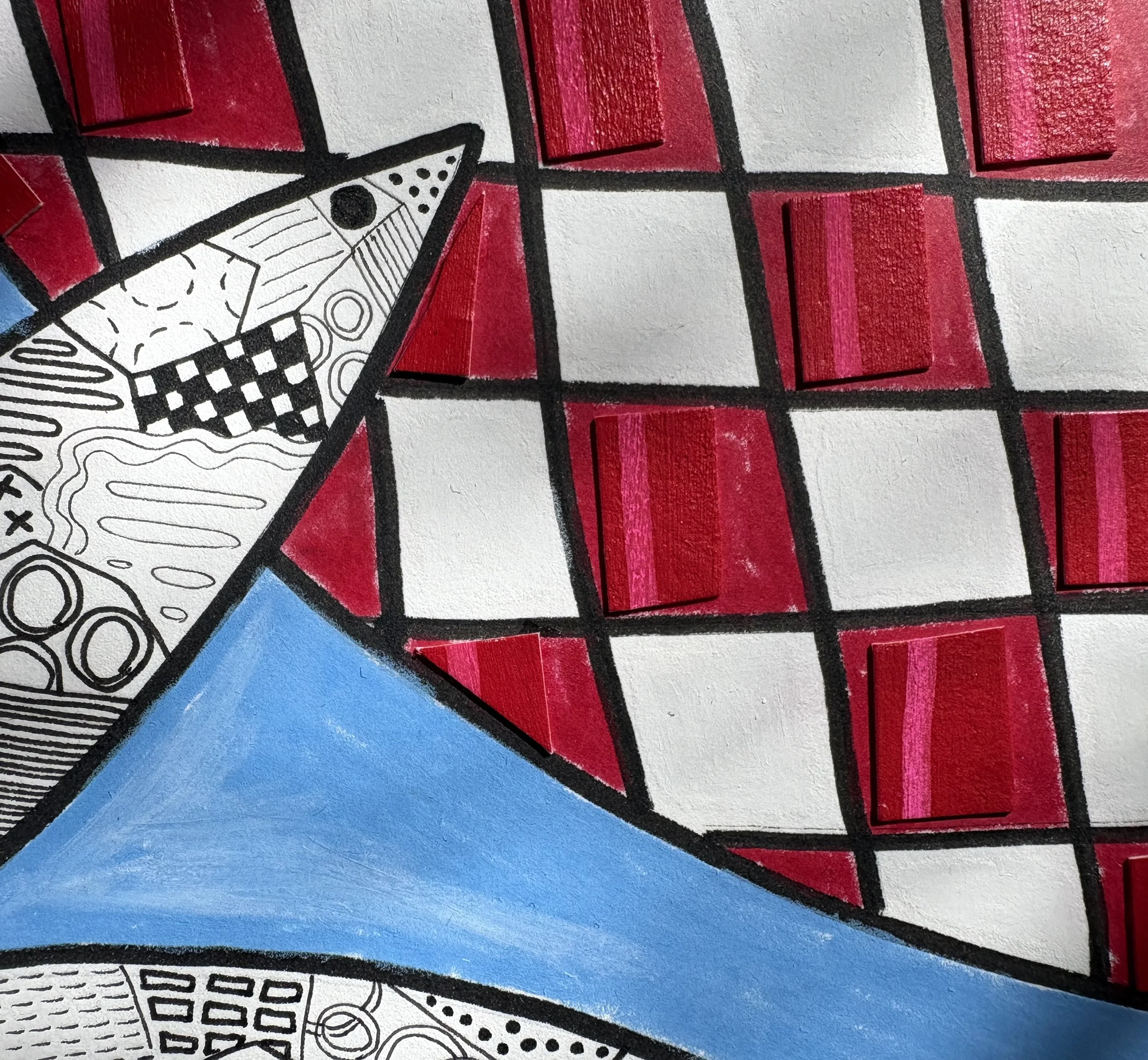 Close-up detail of Now, Where Was I?, original mixed-media abstract artwork featuring contrasting sections of colour, intricate pen marks, organic forms, patterns and geometric elements.
