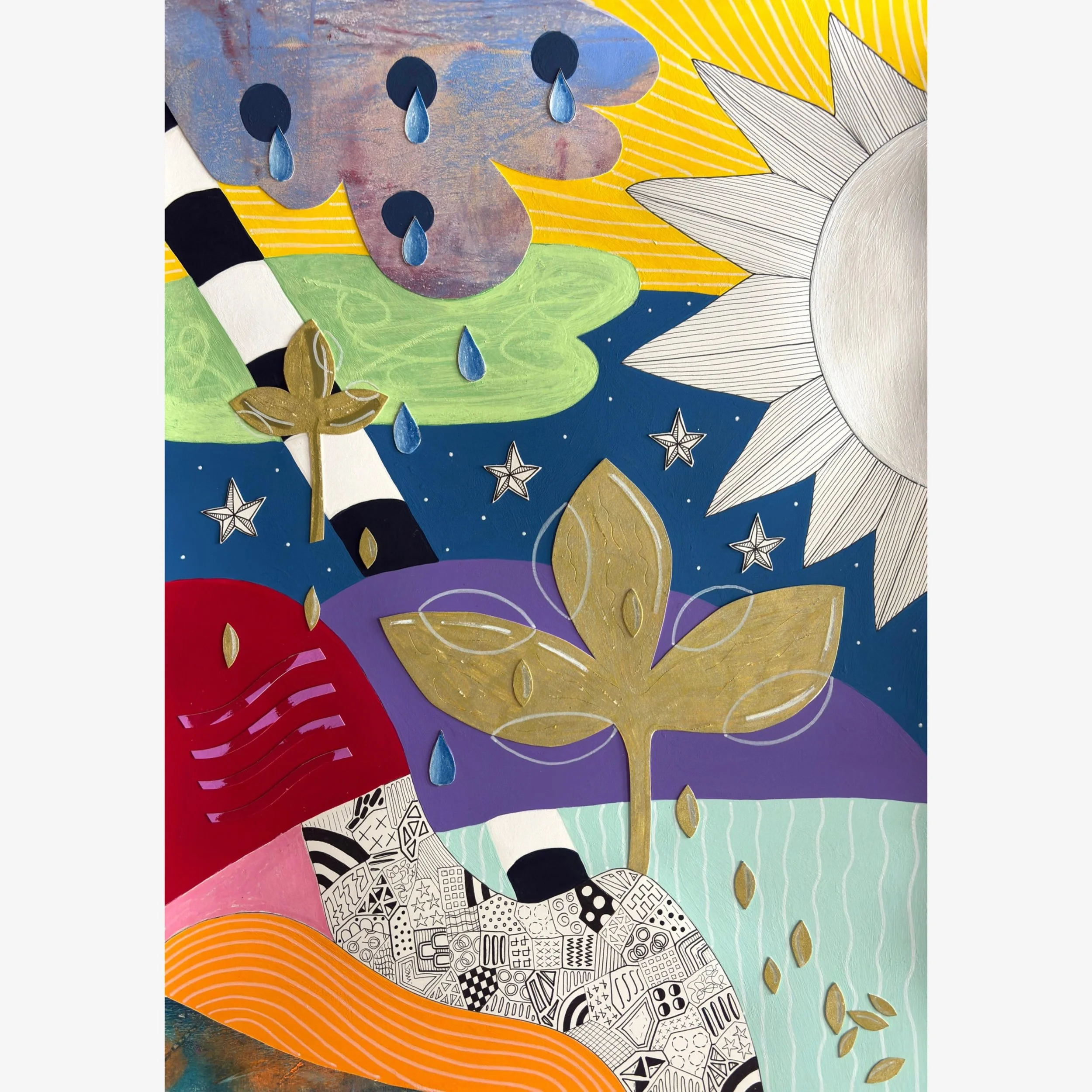 Tears To Gold, original mixed media abstract artwork on A3 paper featuring a sun, teardrops, stars, gold plant motifs, colourful sections, pen drawings and collage.