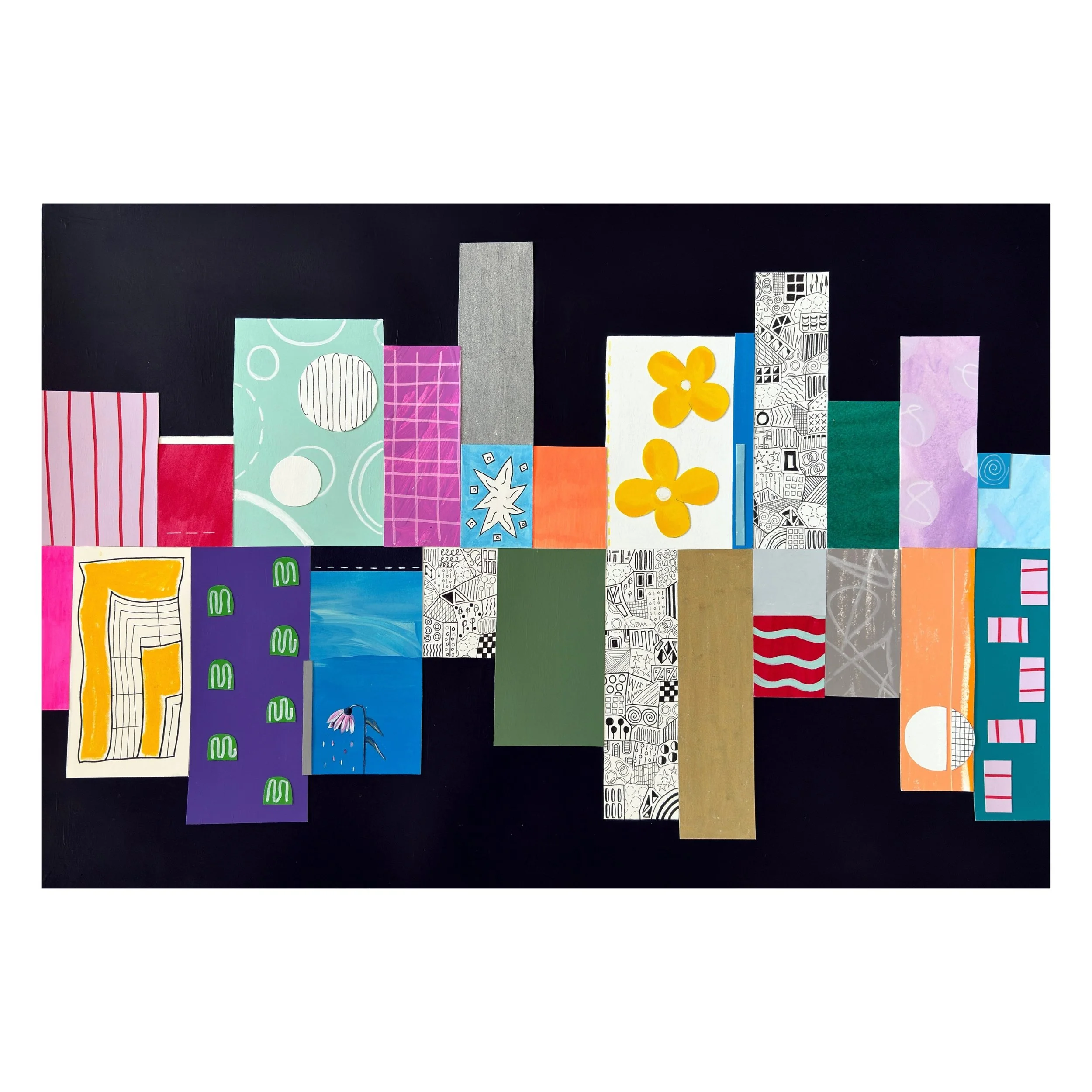 Highs And Lows, mixed-media artwork on A2 paper featuring colourful abstract sections, expressive marks, geometric forms and contrasting elements positioned above and below a horizontal line.