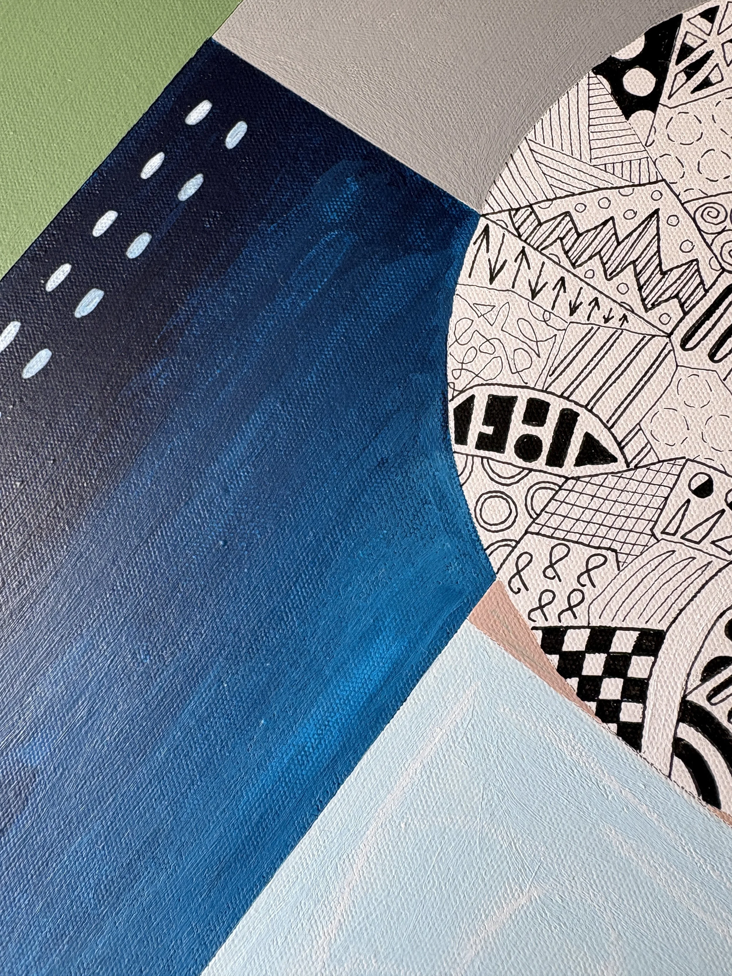Close-up detail of Tomorrow, original mixed media abstract artwork featuring contrasting colours, structured sections and playful marks.