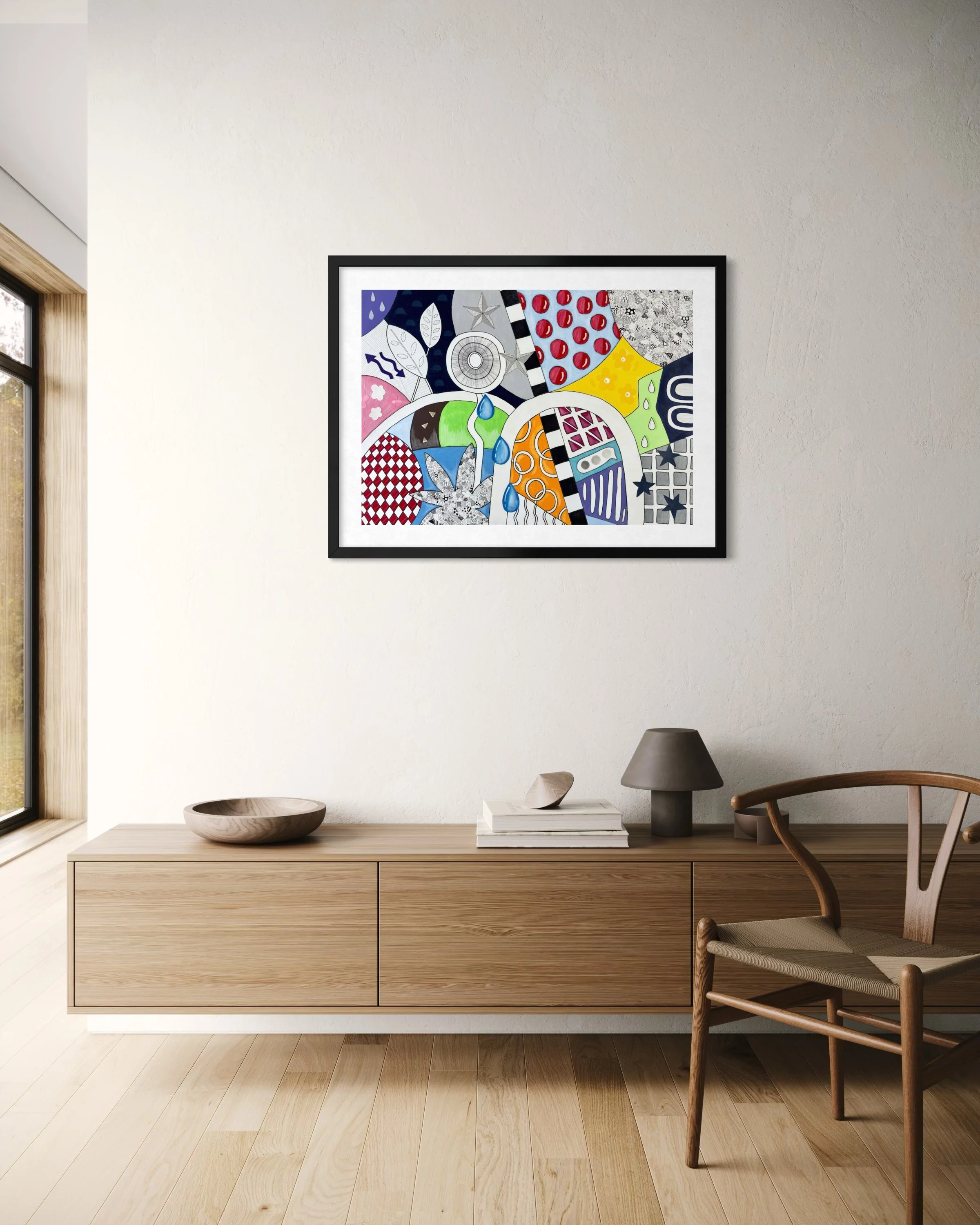 Now, Where Was I?, original mixed-media abstract artwork featuring colourful sections, organic forms, patterns and geometric elements, displayed framed in a modern interior.