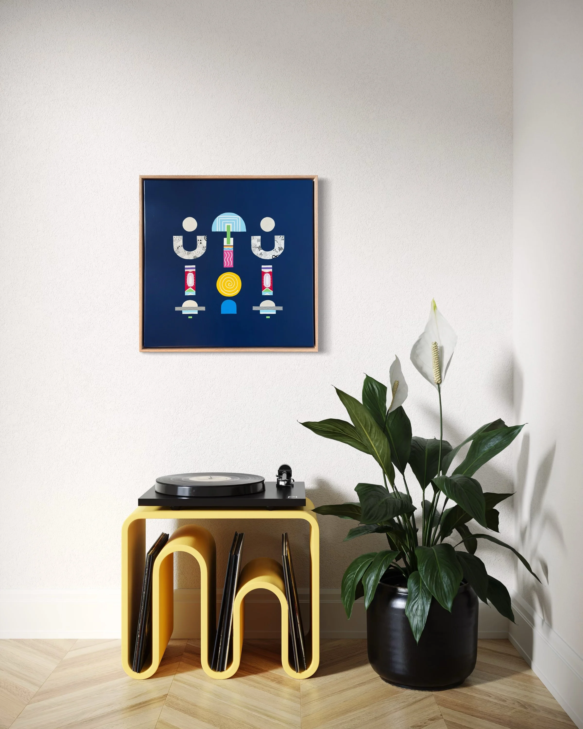 Upward Turn, original abstract artwork on canvas, geometric forms on a blue background, displayed above a modern yellow table next to a plant.