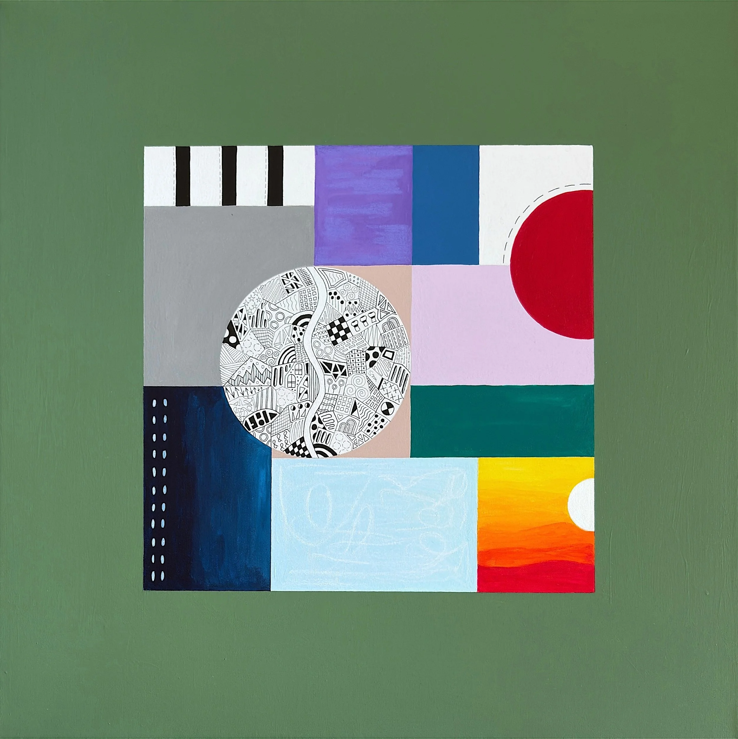 Tomorrow, original mixed media abstract artwork exploring uncertainty, change and hope through colour, structure and playful marks.