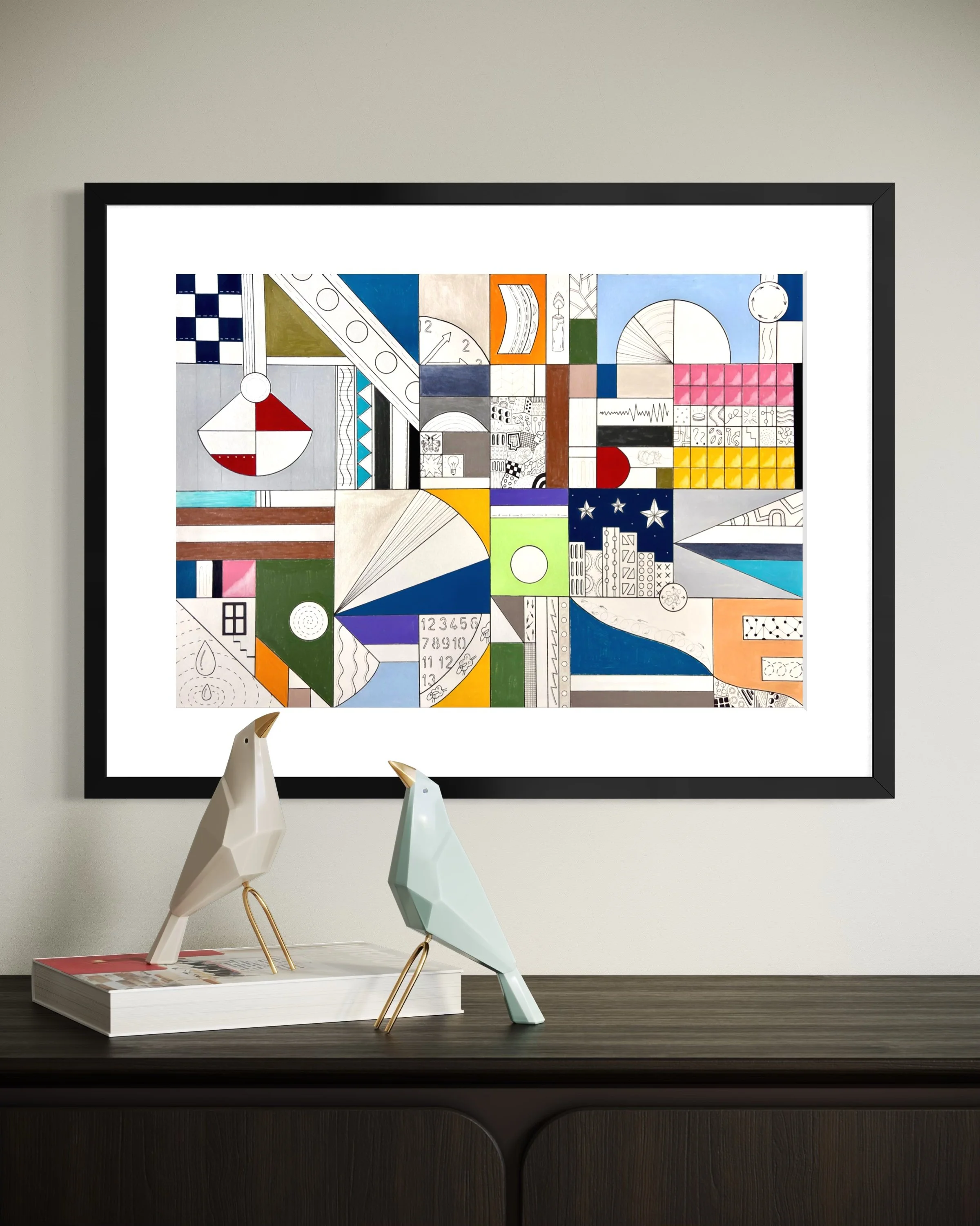 Night Mind, original mixed media abstract artwork on A2 paper featuring a structured composition with black ink borders, colour, pen doodles and symbolic motifs, displayed framed in a modern interior.