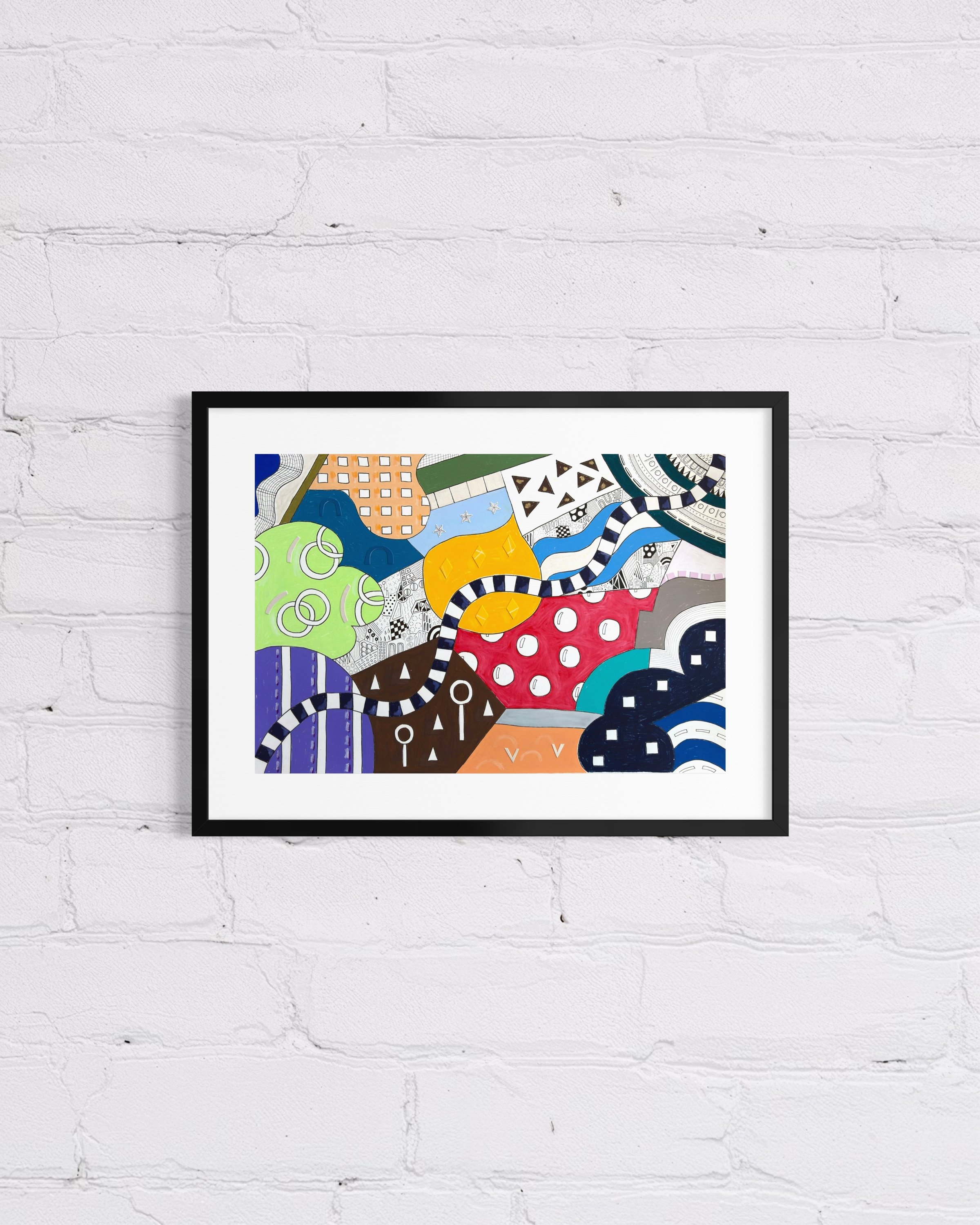 Invented Landscape, original mixed media on A2 paper with blocks of colour, collage, pattern, and hand-drawn marks, styled on a white brick wall.