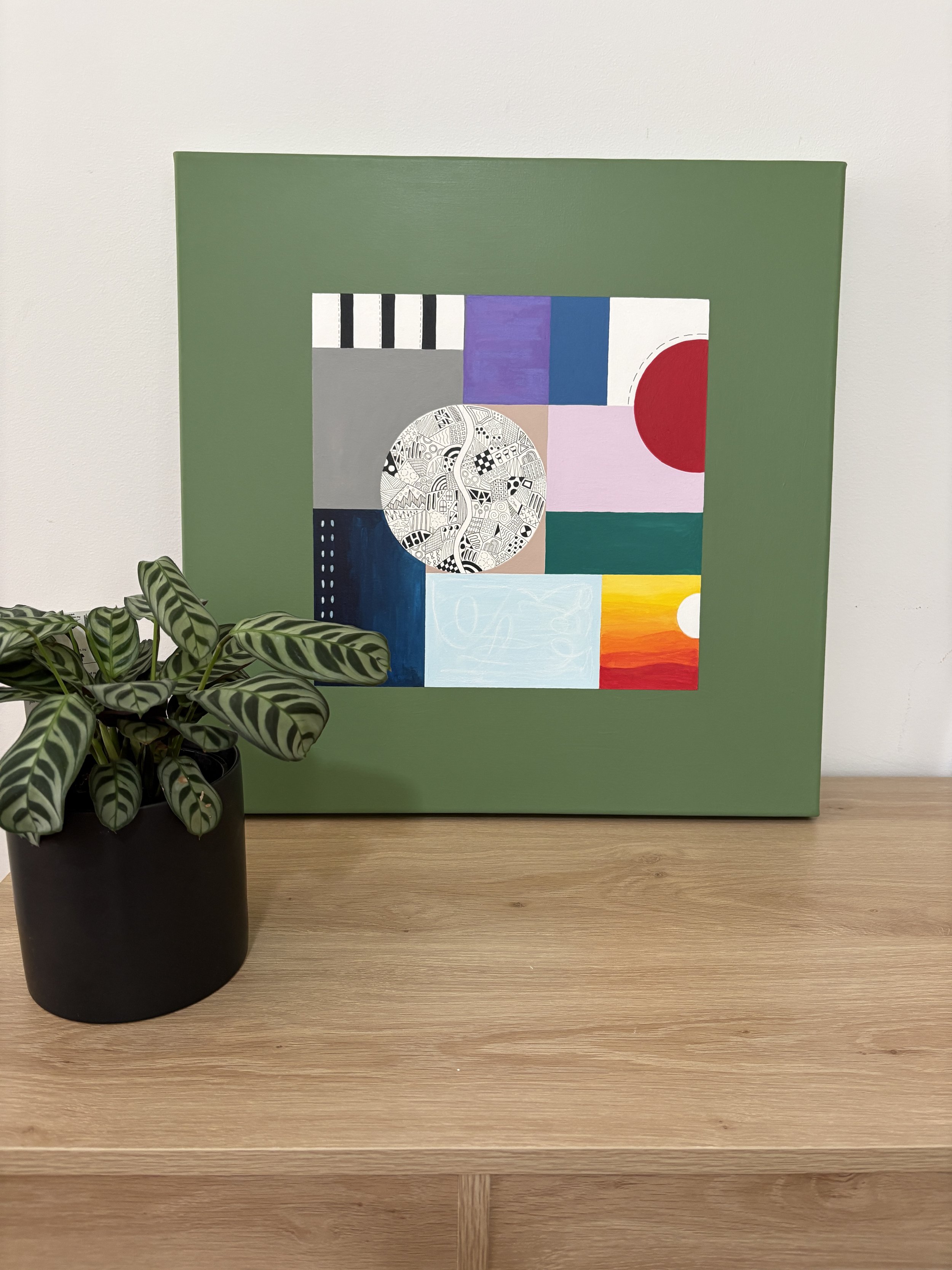 Tomorrow, original mixed media abstract artwork displayed in a modern interior, exploring uncertainty, change and hope through colour and structure.