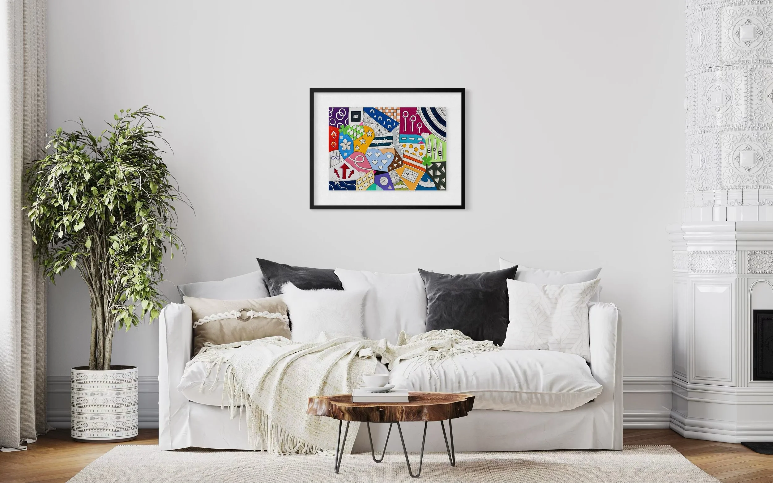 A2 mixed media artwork titled Devotion and Chance, colourful abstract composition displayed framed above a sofa in a modern living room.