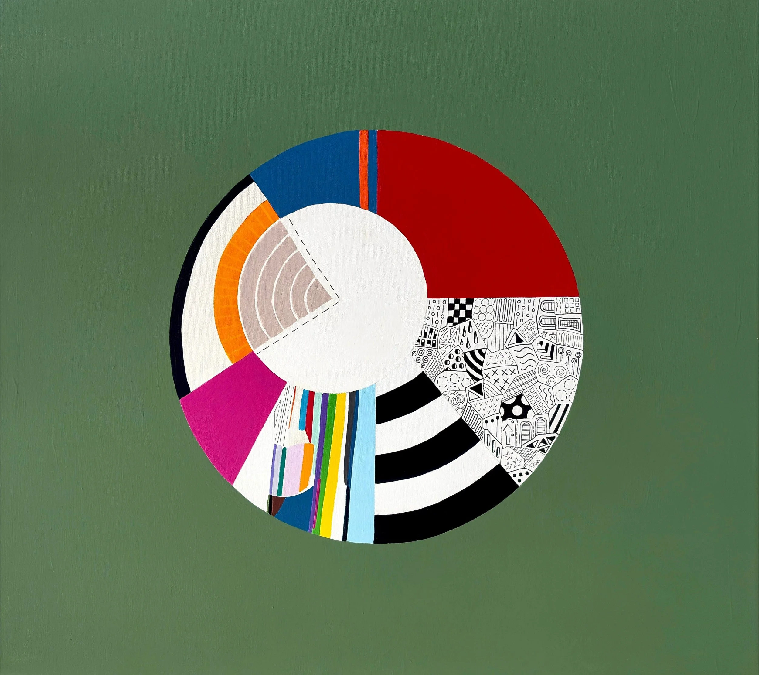 Off Centre, original abstract artwork on canvas with a colourful circular composition, radiating sections and an off-centre white circle on a jade green background.