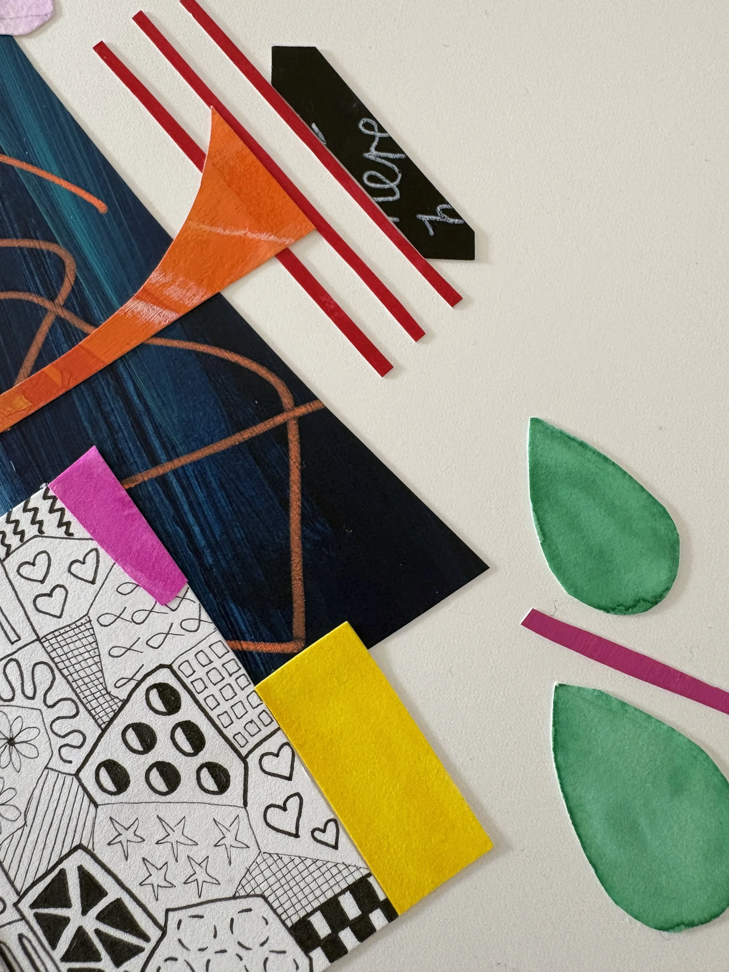 Close-up detail of Bright Interruption, original mixed media collage on A3 paper featuring layered fragments, expressive marks, and bold abstract colour.