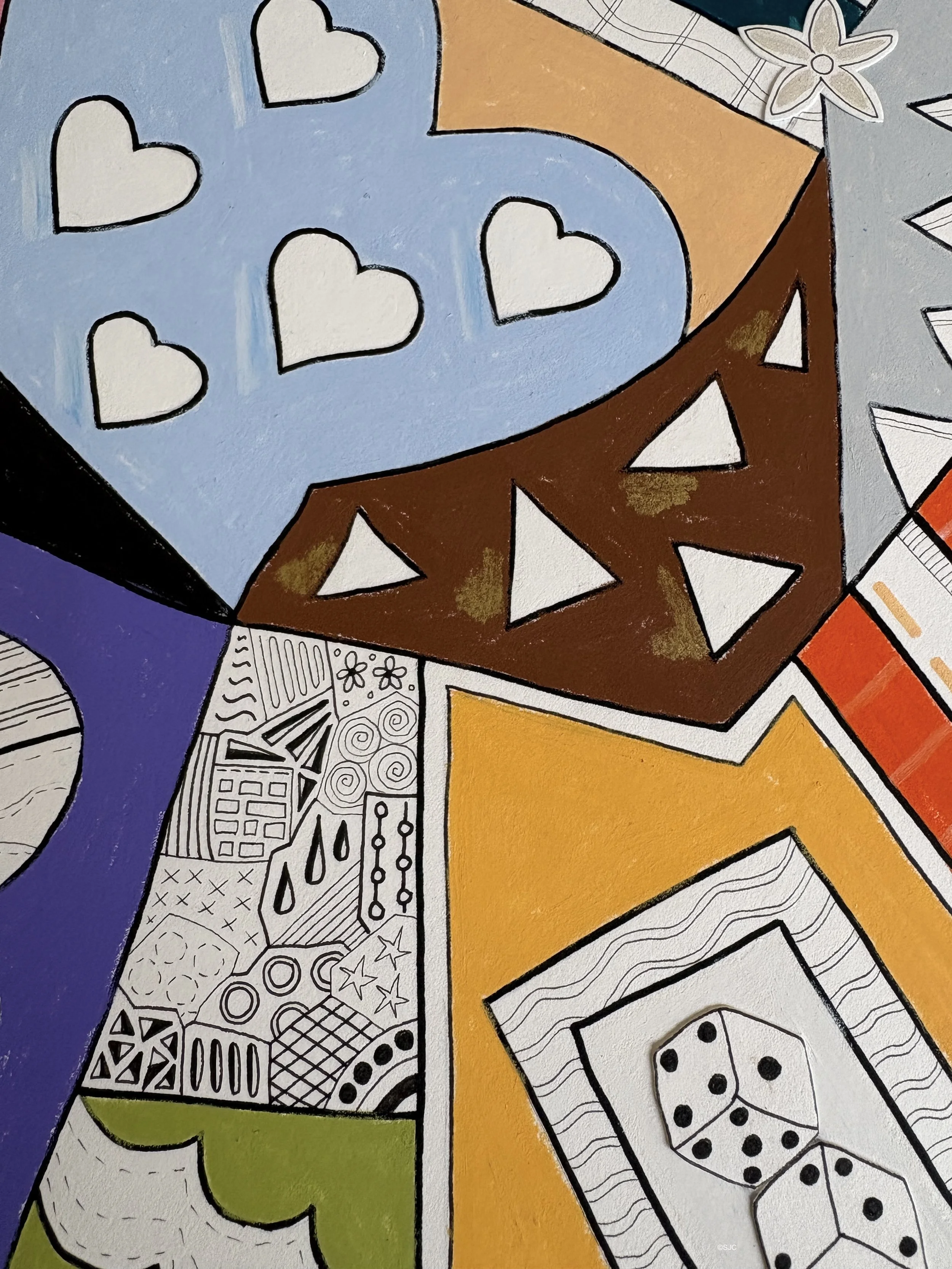 Close-up detail of Devotion and Chance, A2 mixed media on paper, featuring colourful abstract patterns and symbols of love and luck.