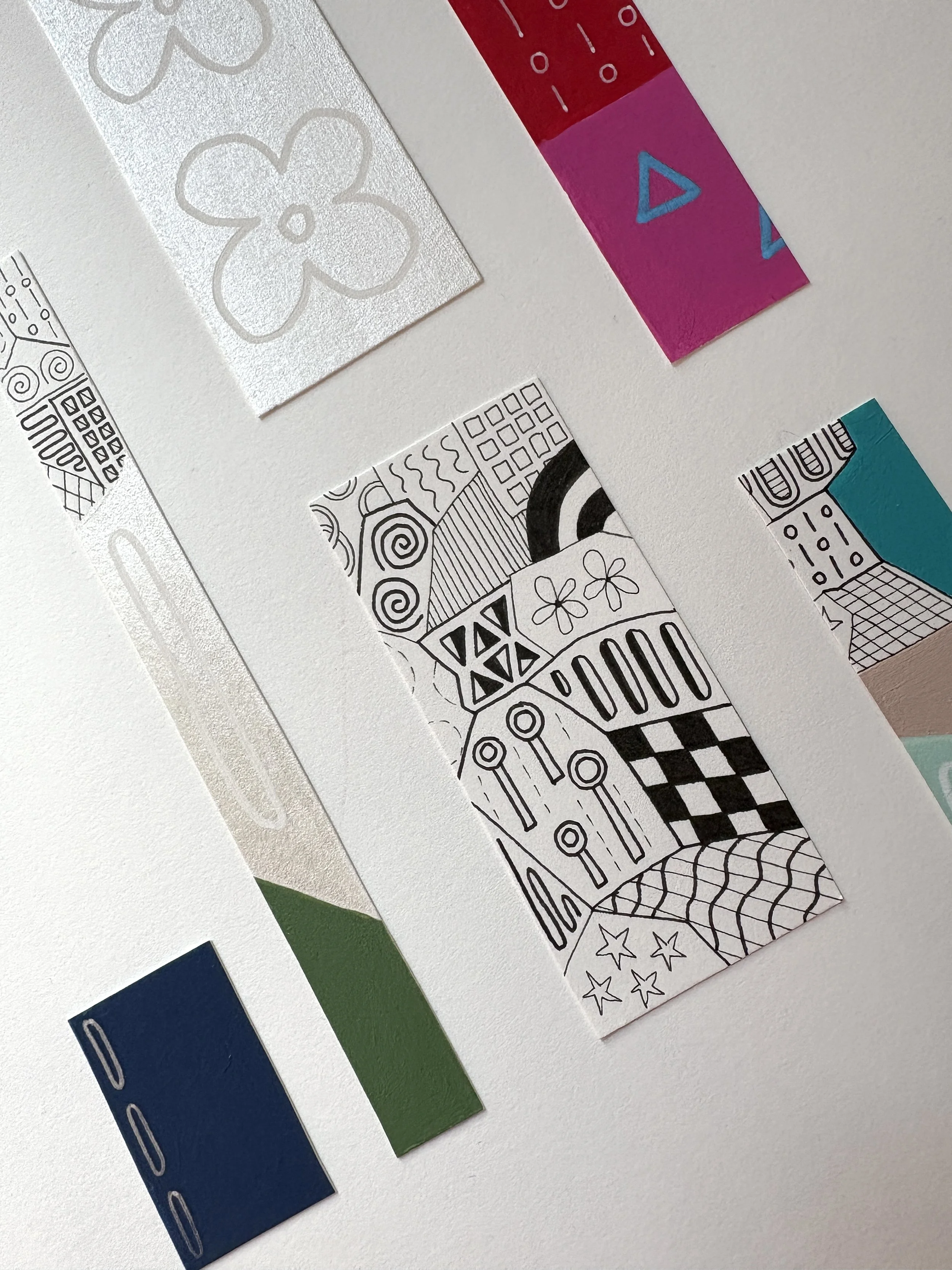 Close-up detail of Between Play and Order, original mixed media on A2 paper with geometric and abstract forms, colour, pattern, and hand-drawn marks.