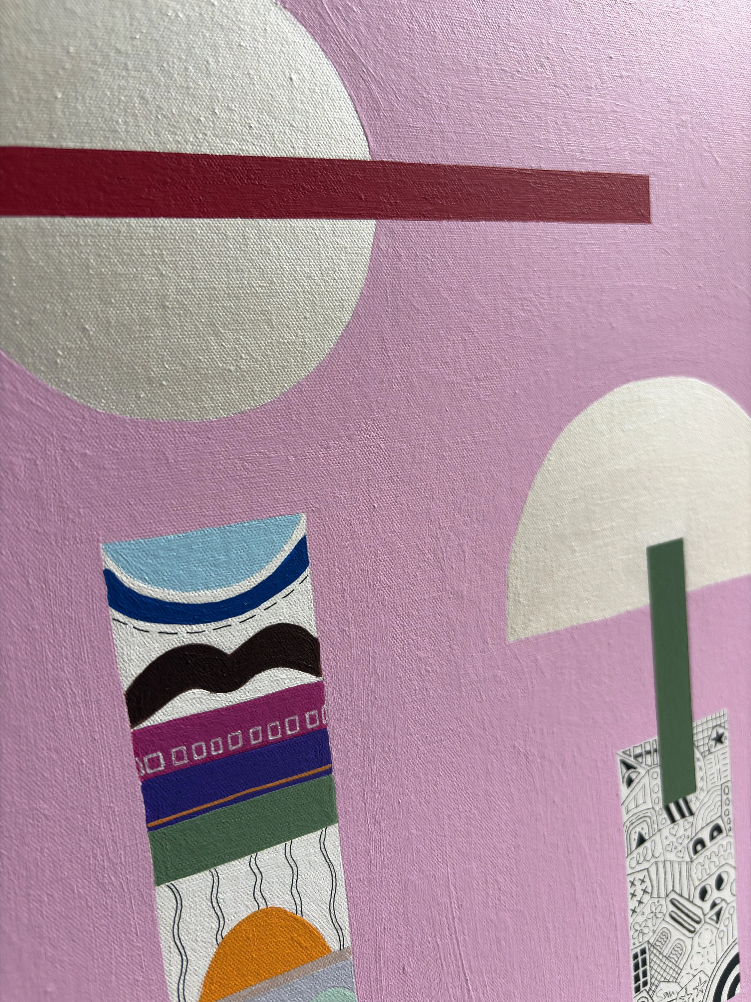 At Cruising Altitude, original mixed media abstract on canvas with a bright pink background, close-up detail.