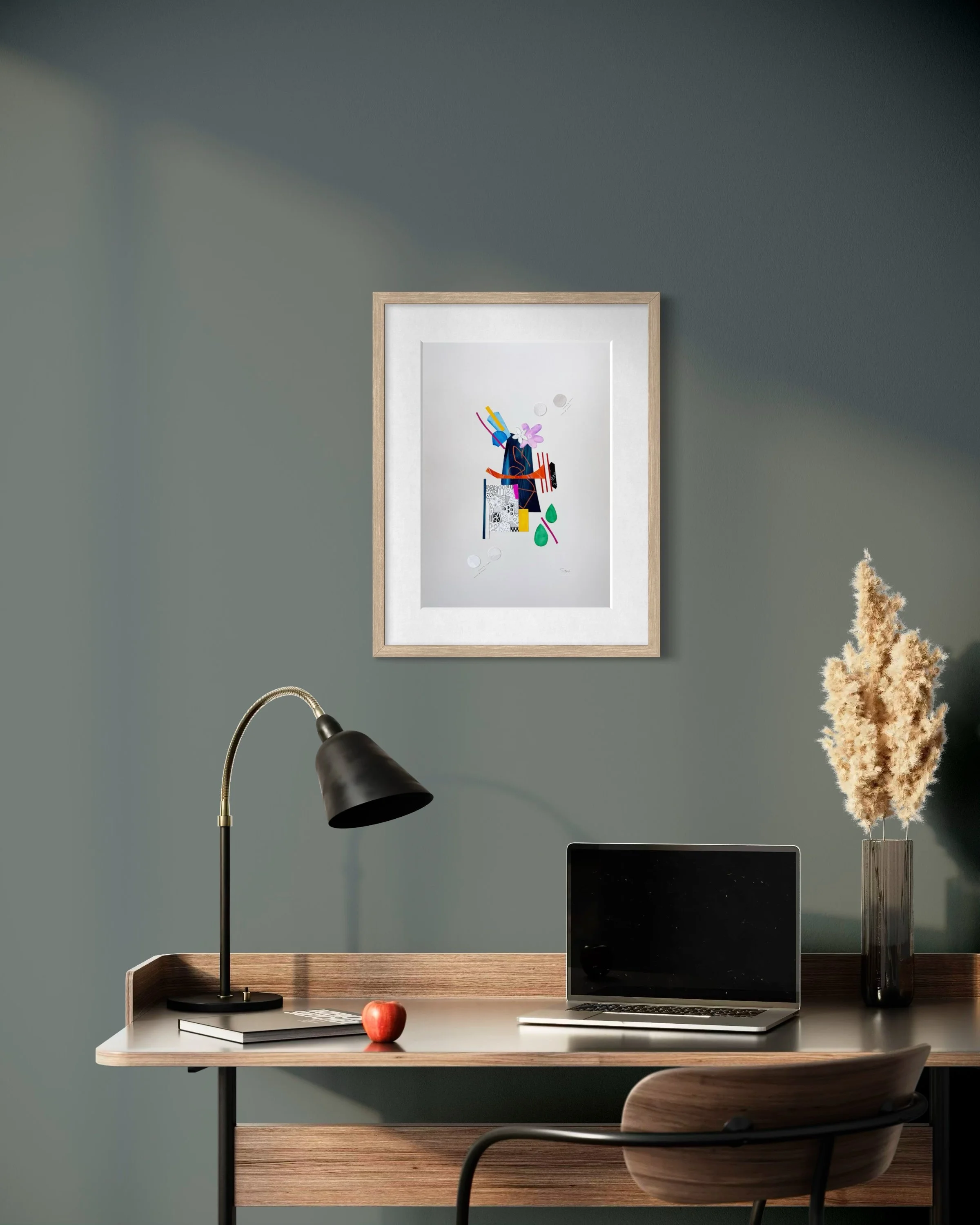 Bright Interruption, original mixed media collage on A3 paper featuring layered fragments, expressive marks, and bold abstract colour, and displayed framed in a modern interior.