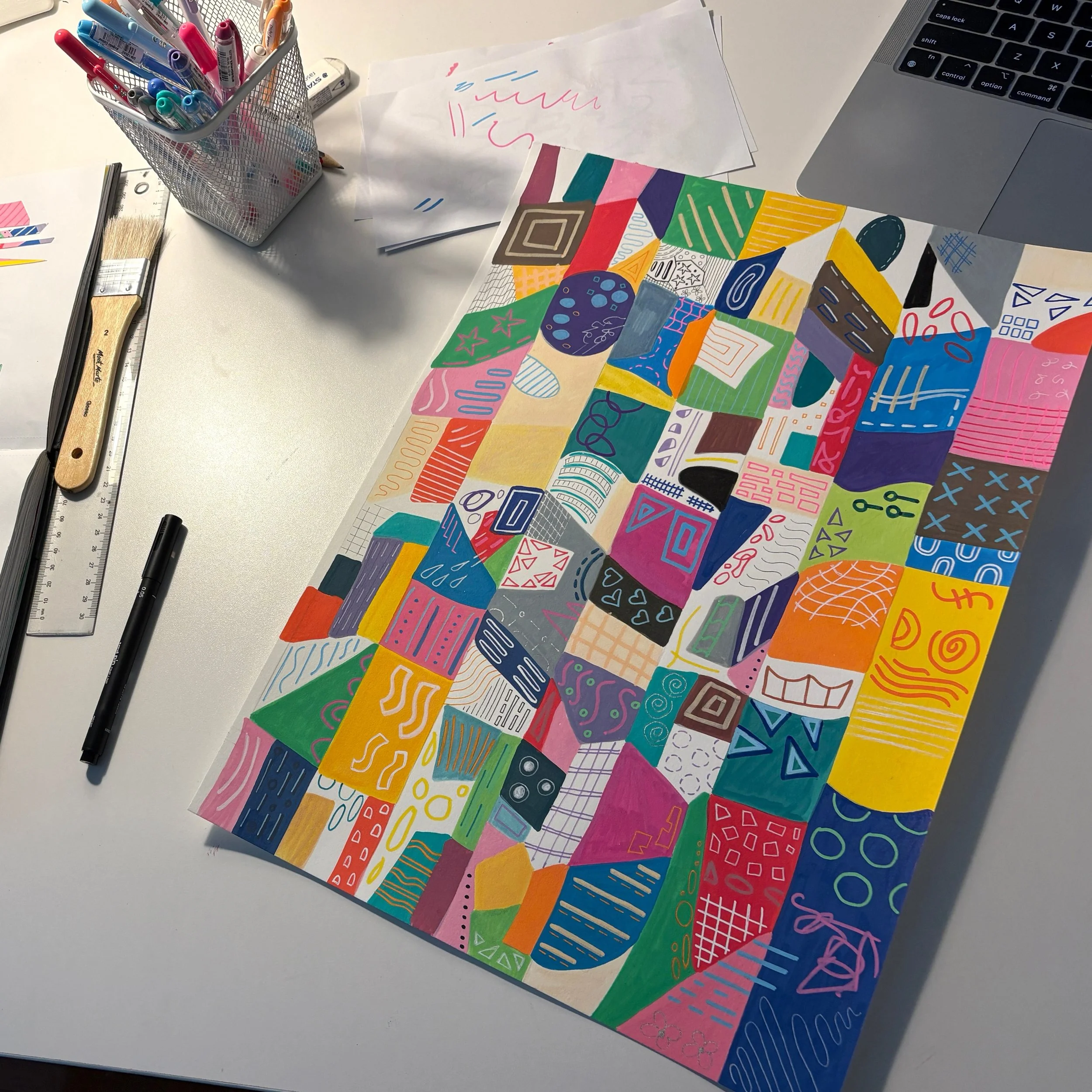 Original A3 grid composition in acrylic marker and gel pen, made up of structured coloured fragments, later cut and reassembled to form A Measured Arrangement.