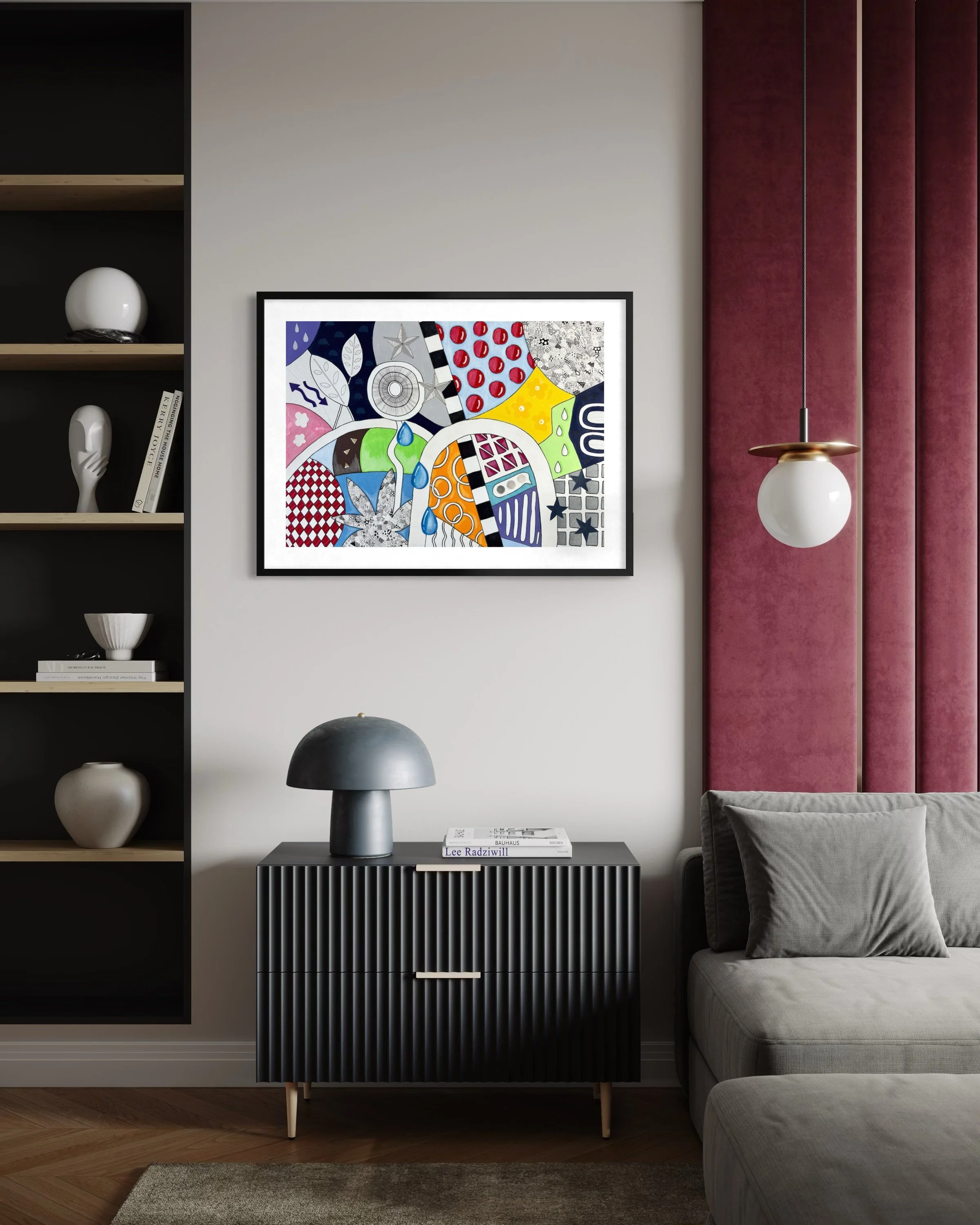 Now, Where Was I?, original mixed-media abstract artwork featuring colourful sections, organic forms, patterns and geometric elements, displayed framed in a modern interior.