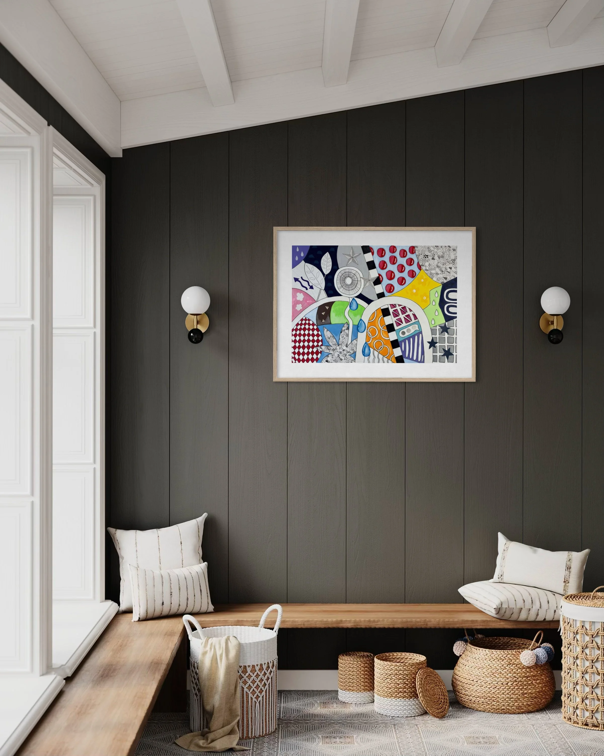 Now, Where Was I?, original mixed-media abstract artwork featuring colourful sections, organic forms, patterns and geometric elements, displayed framed in a modern interior.