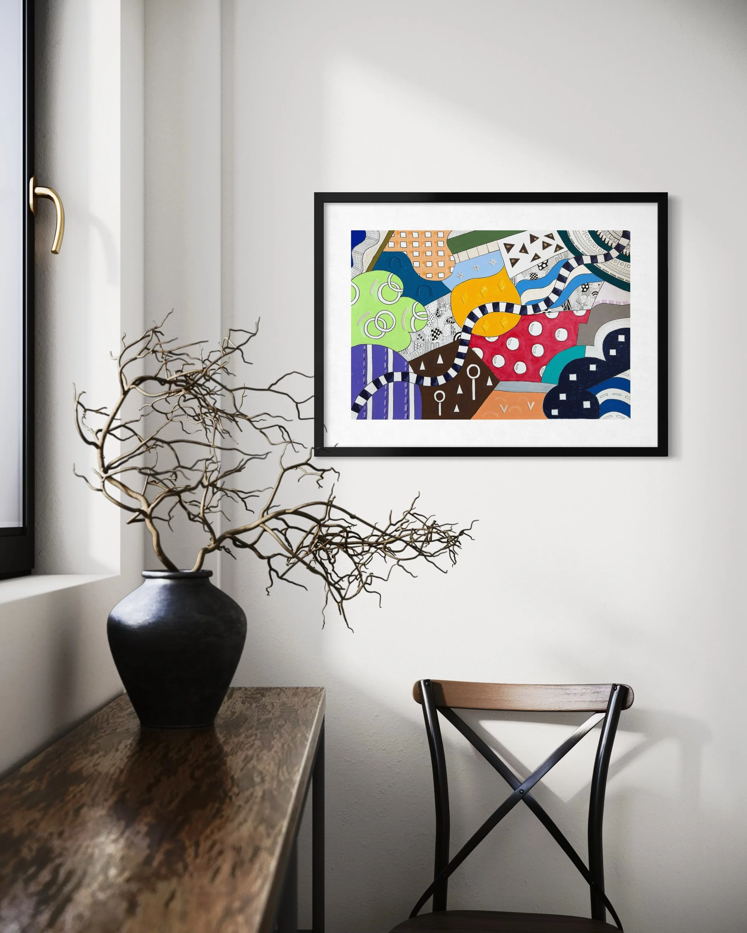 Invented Landscape, original mixed media on A2 paper with blocks of colour, collage, pattern, and hand-drawn marks, styled near a window in a modern interior.