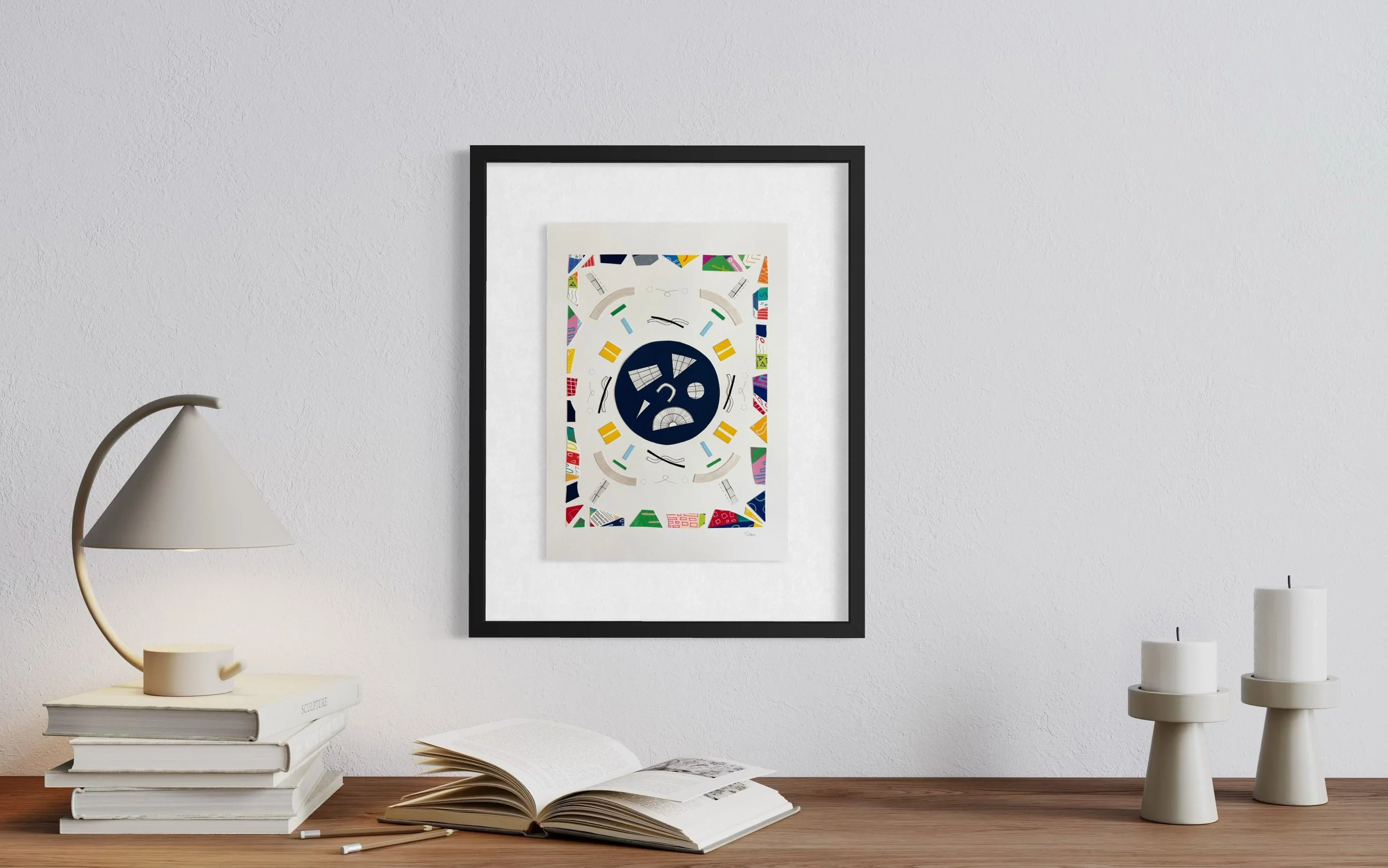 A Measured Arrangement, A3 abstract mixed media collage with central pen drawings and painted fragments, framed by a border reworked from a grid based A3 structure in acrylic marker and gel pen.