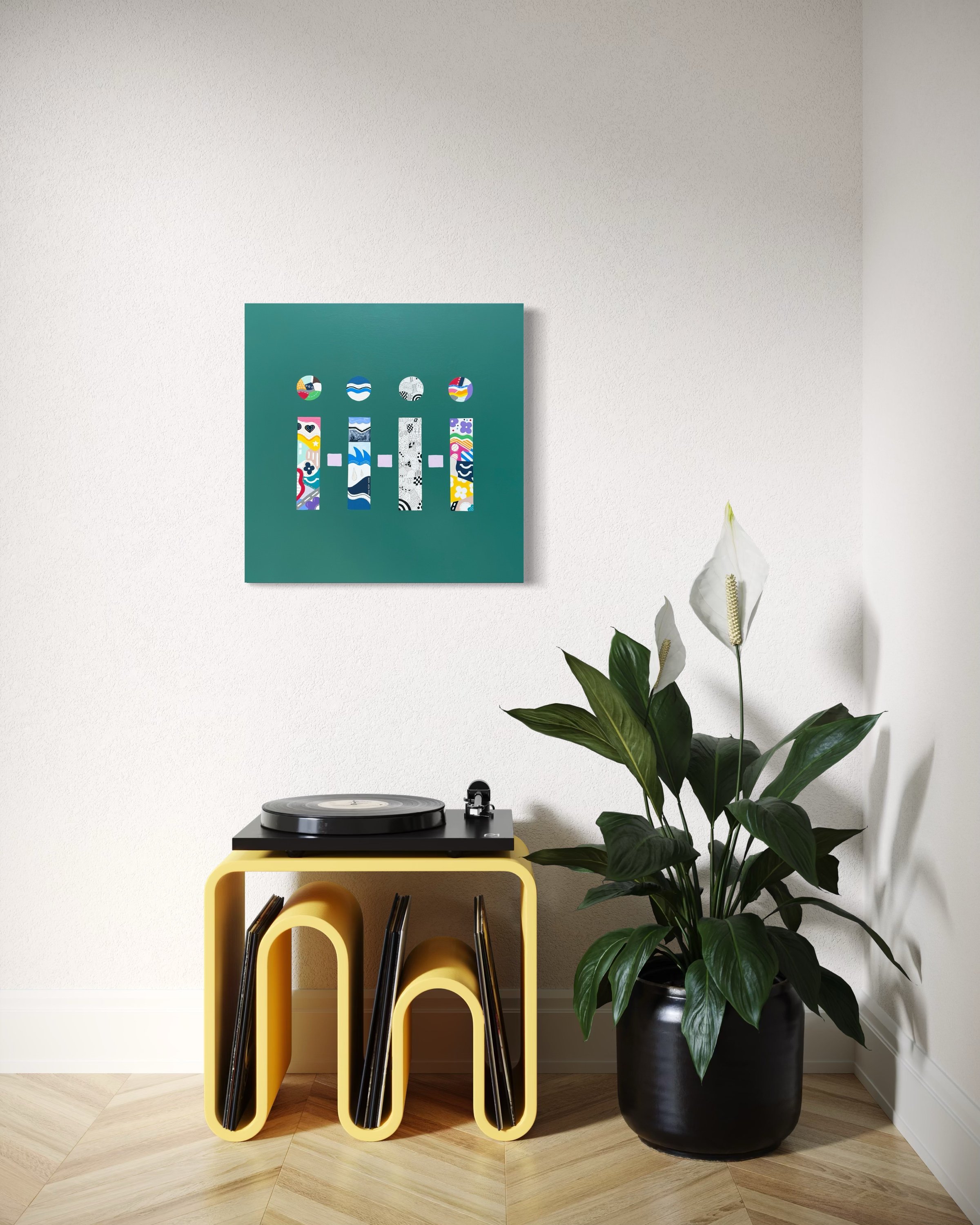 Being There, original mixed media abstract on canvas with a green background, displayed above a modern yellow table next to a plant.