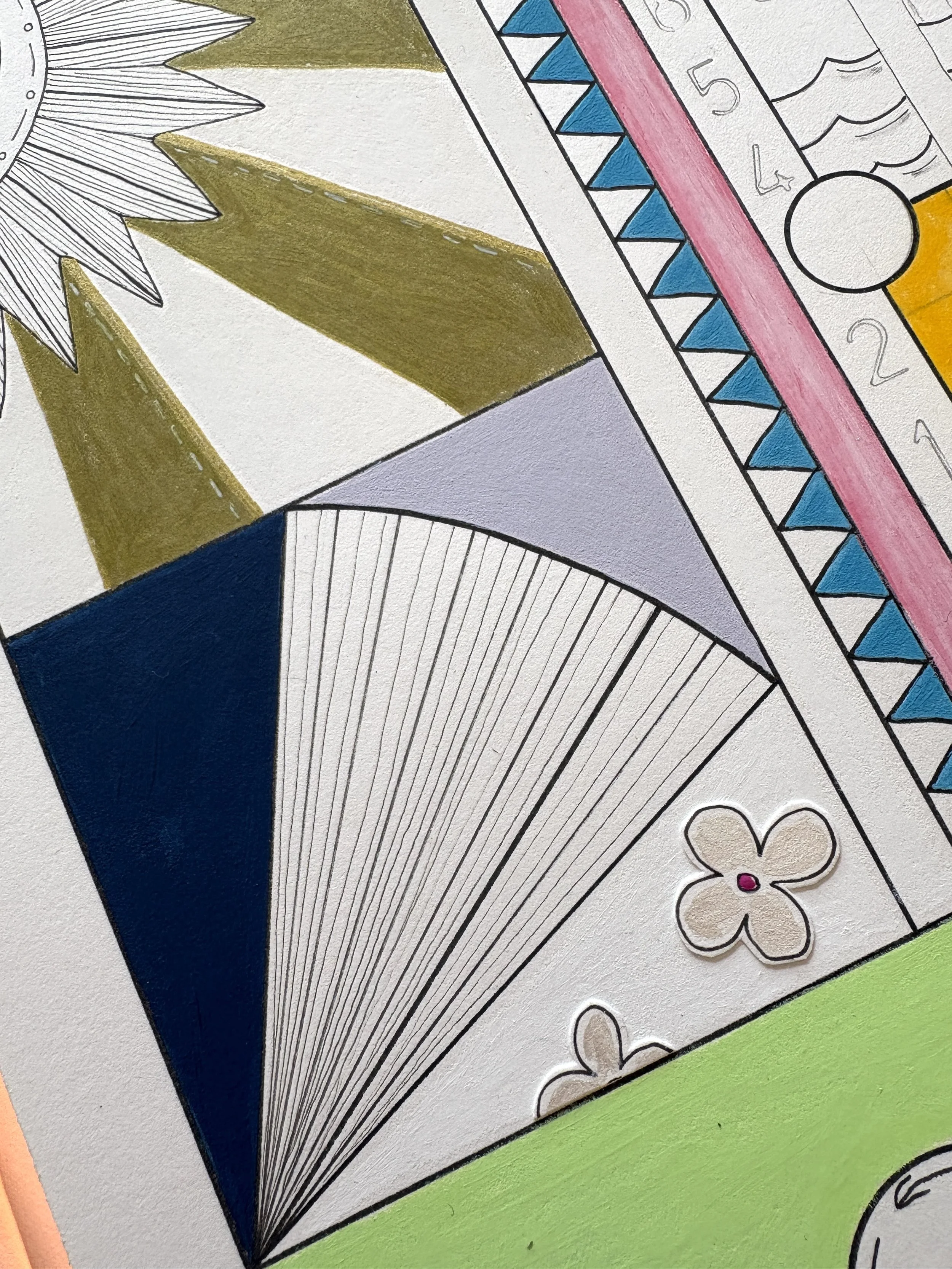 Close-up detail of Conditions Within, original mixed media abstract artwork on A2 paper, featuring black ink borders, colourful sections, pen drawings and symbolic motifs within the composition.