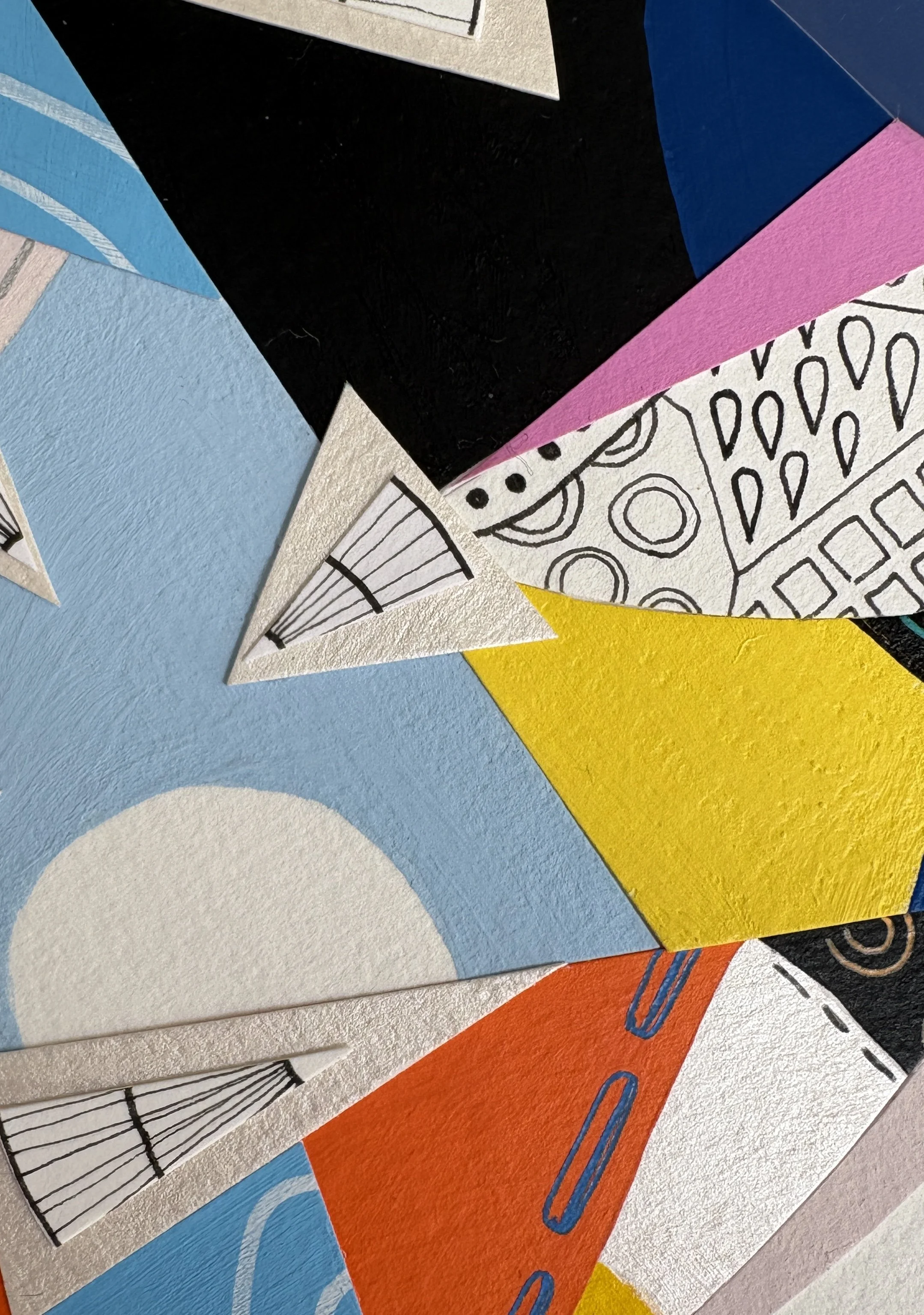 Close-up detail of A Restless Centre, original mixed media on A3 paper, with a circular centre of coloured fragments and triangular pen drawings.