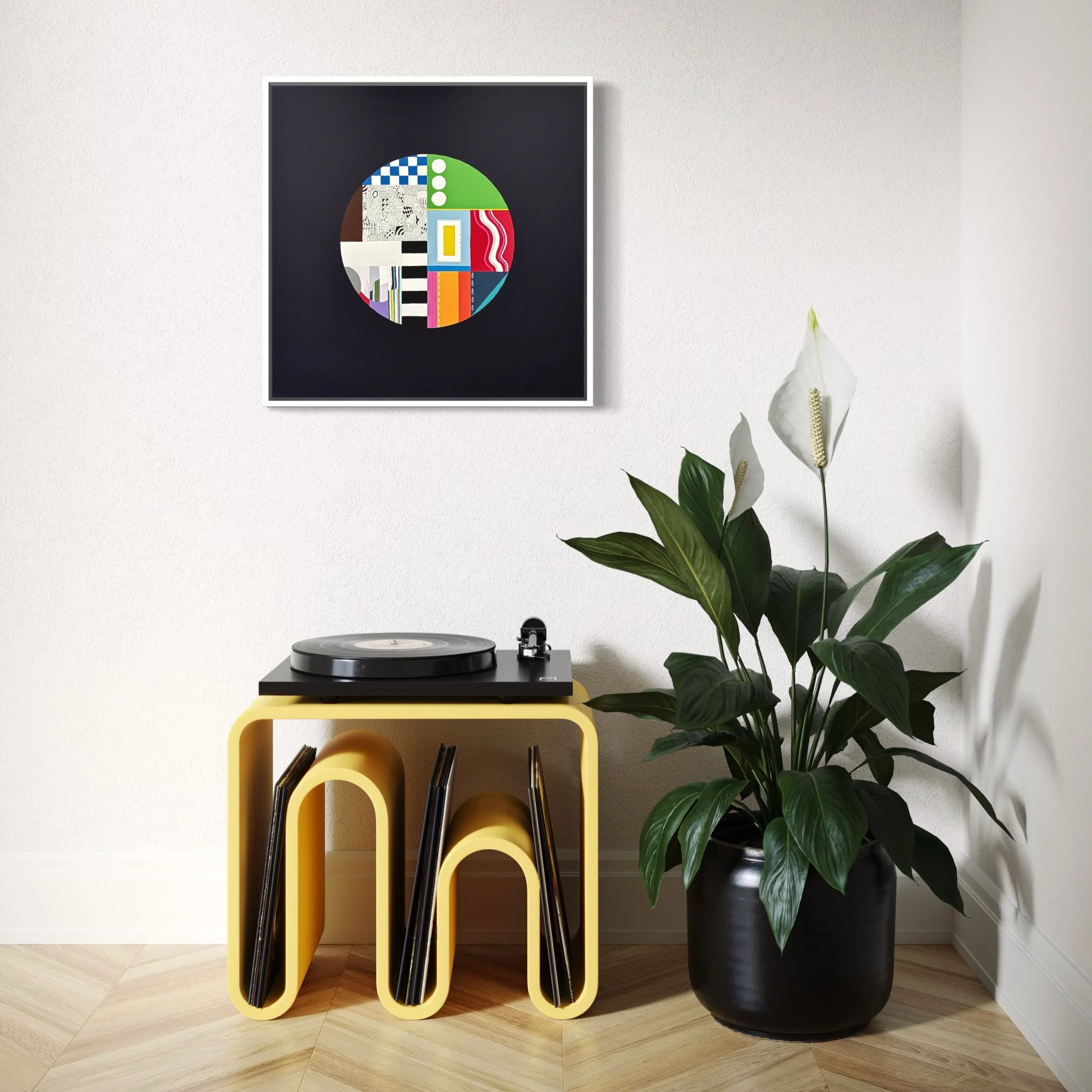 In a Roundabout Way, original mixed media abstract artwork featuring a circular composition, colour, patterns and geometric elements, displayed framed in a modern interior.