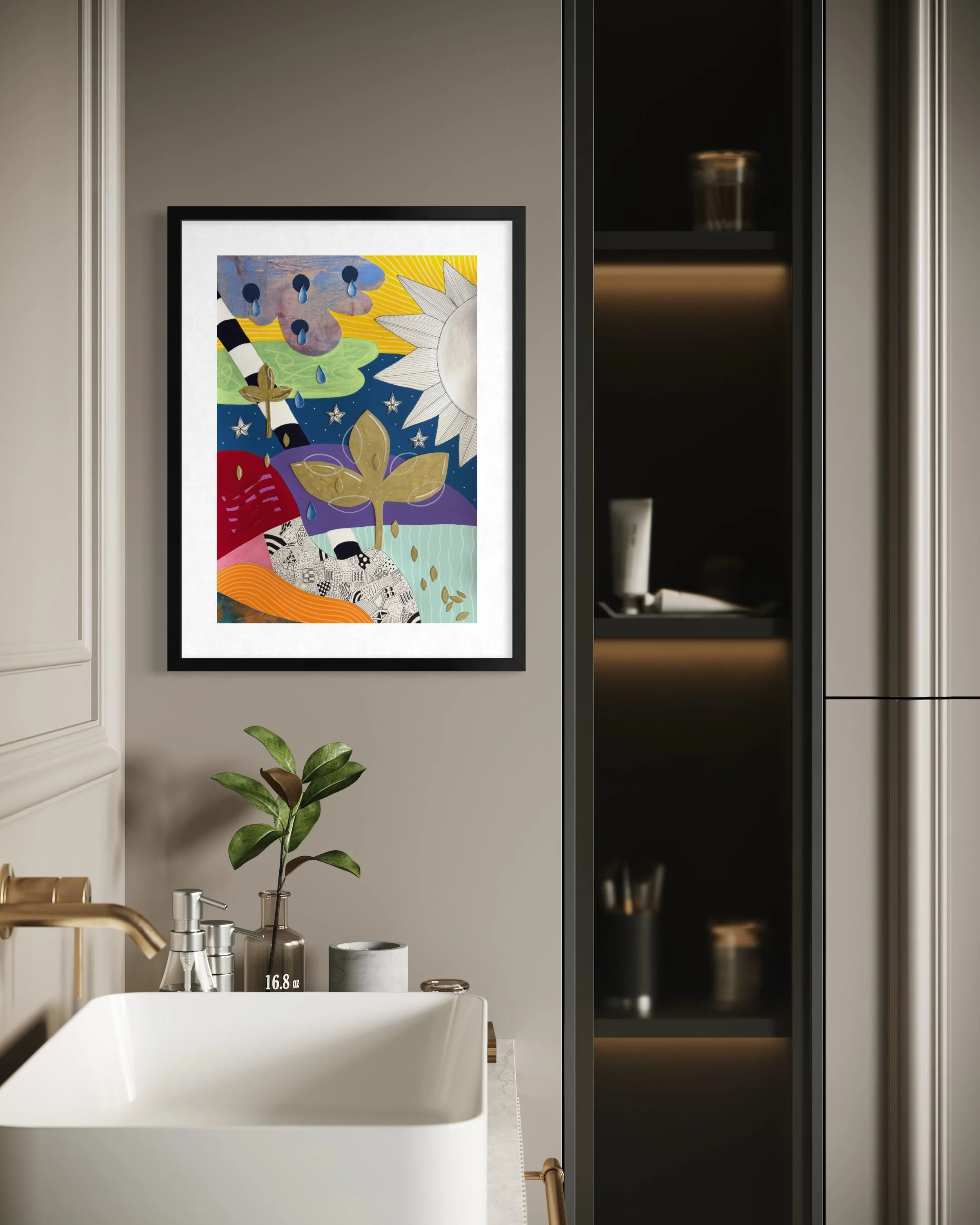 Tears To Gold, original mixed media abstract artwork on A3 paper featuring a sun, teardrops, stars, gold plant motifs and colourful sections, displayed framed in a modern interior.