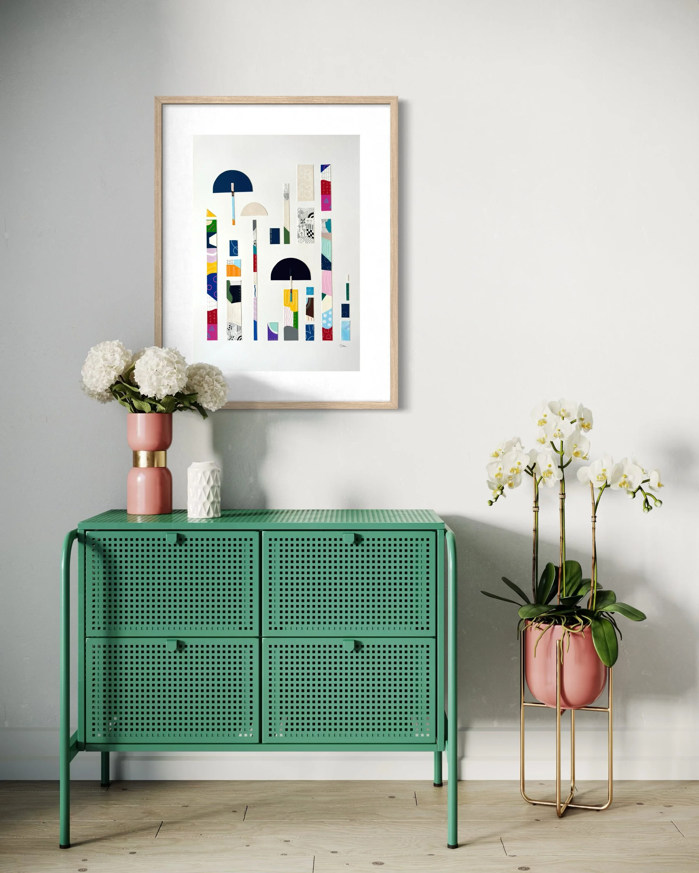 Between Play and Order, original mixed media on A2 paper with geometric and abstract forms, colour, pattern, and hand-drawn marks, styled in a modern interior.