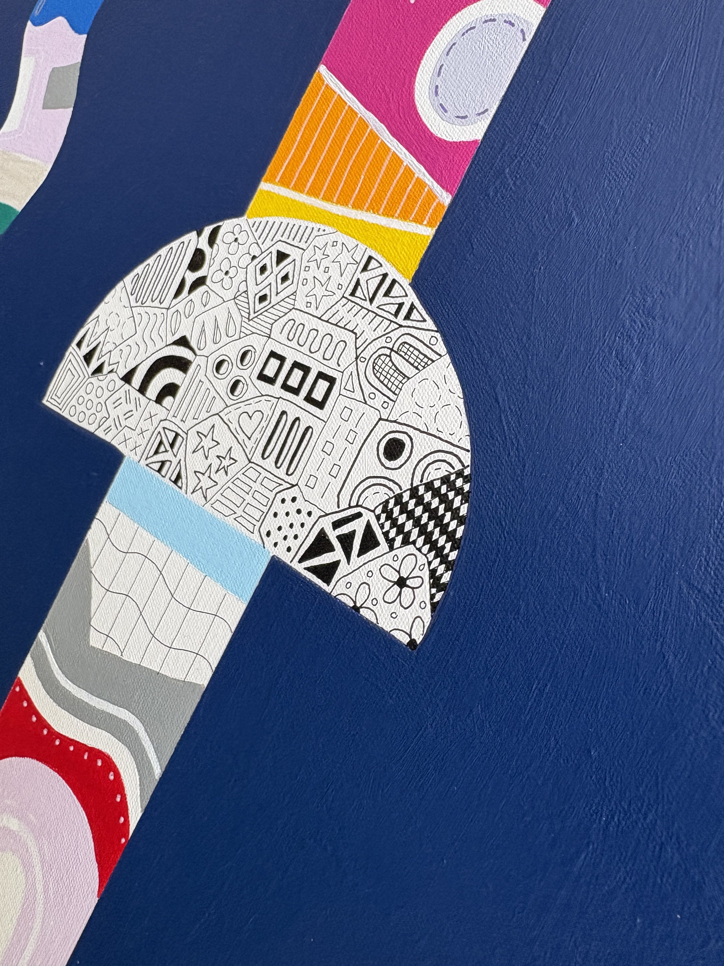 Mostly In Place, original mixed media abstract on canvas with a dark blue background, close-up detail.