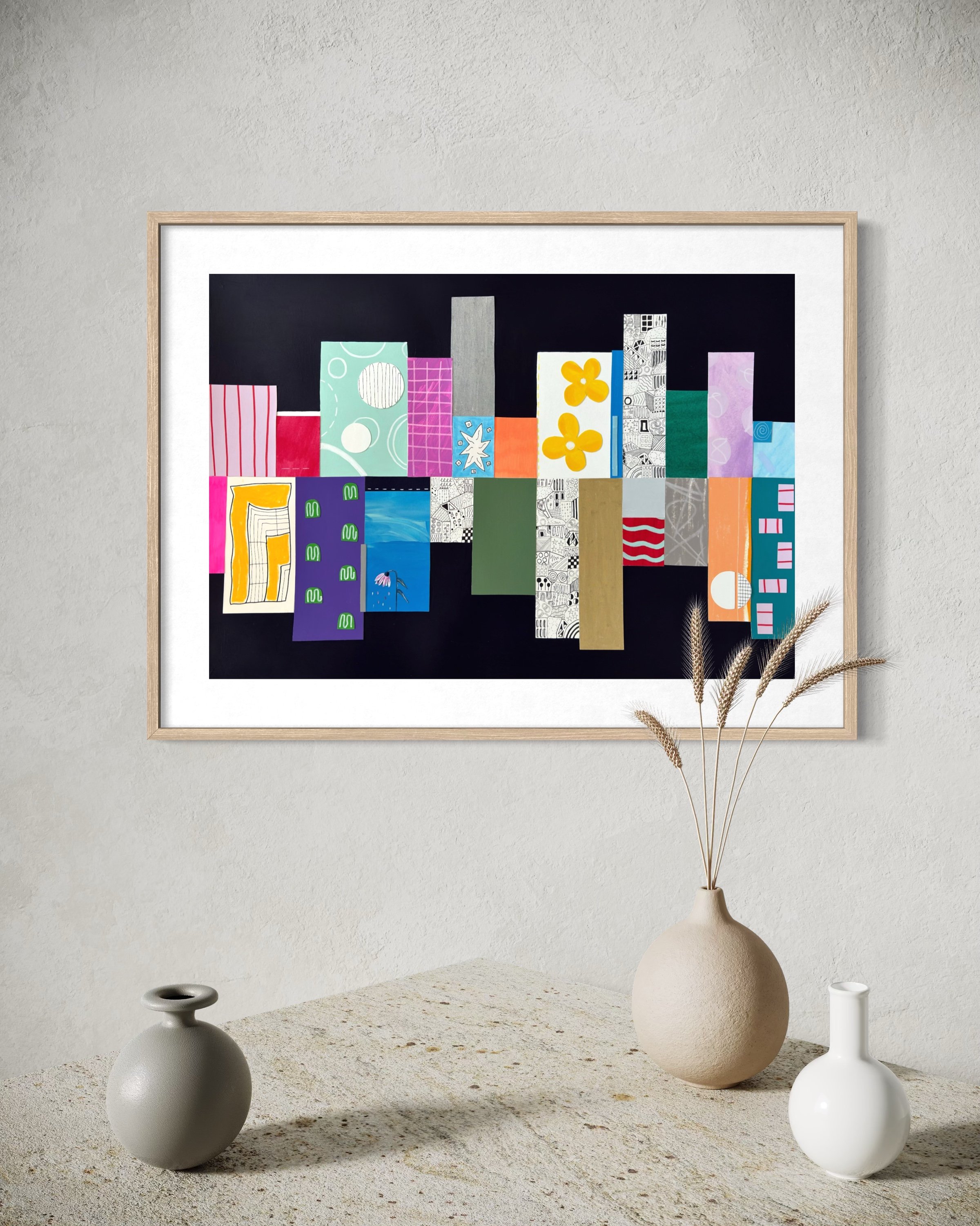 Highs And Lows, original mixed-media abstract artwork featuring colourful sections, expressive marks, geometric forms and contrasting elements, displayed framed in a modern interior.