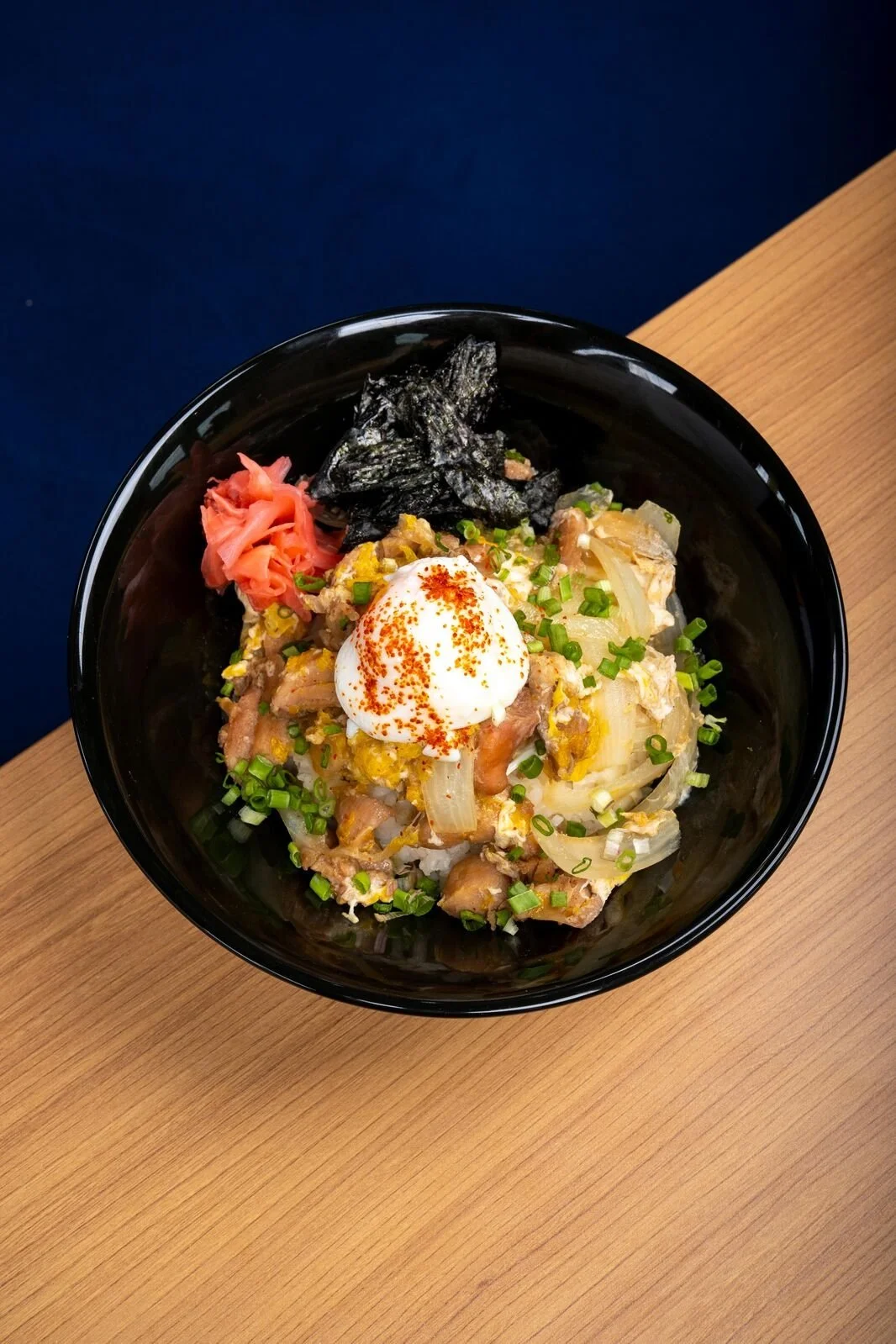 Oyakodon at Studio Egg Ubud Bali — Japanese rice bowl with chicken, poached egg, nori, spring onions and pickled ginger