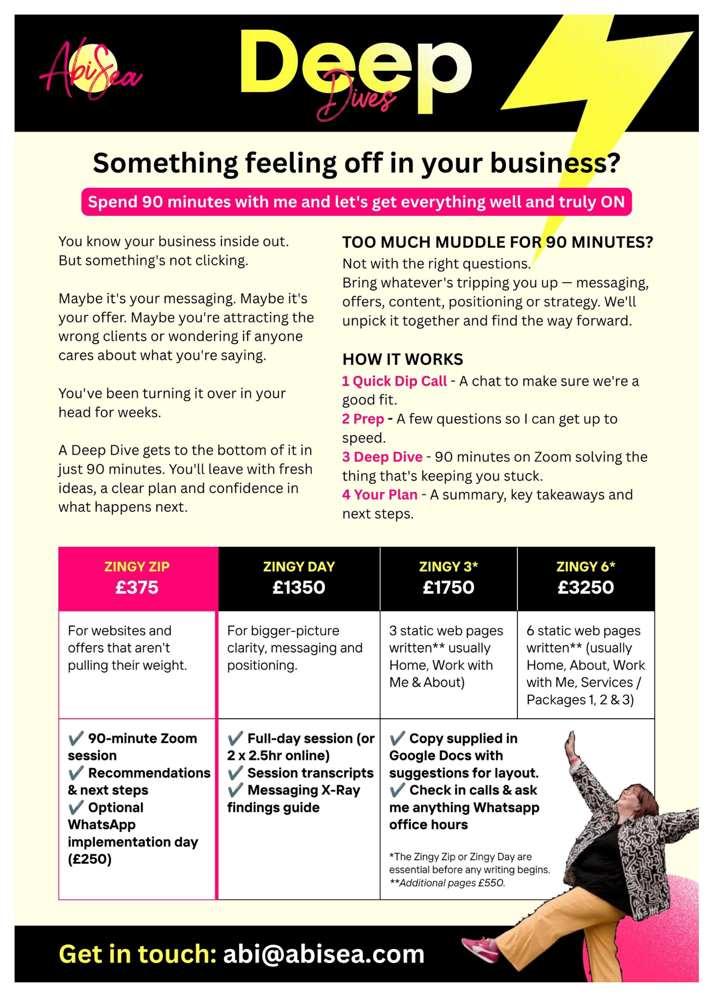 A promotional flyer for business coaching and website services from Abisea, offering deep dives and workshops with pricing plans, alongside a contact email for inquiries.