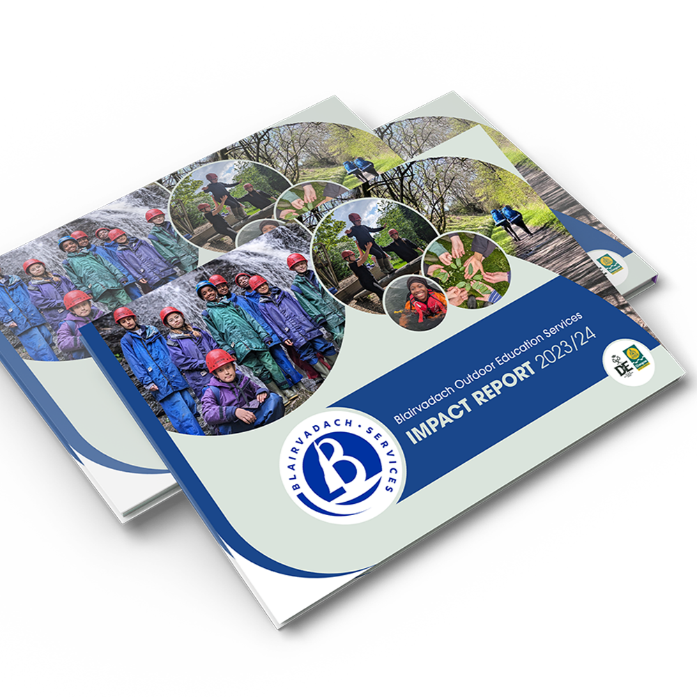 Cover of a report titled 'Impact Report 2023/24' for Blairvadach Outdoor Education Services, featuring images of children in outdoor activities and nature scenes.