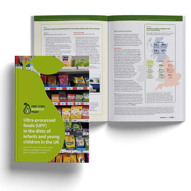 Open health report booklet on diet and nutrition, with a sidebar showing various food products on shelves.