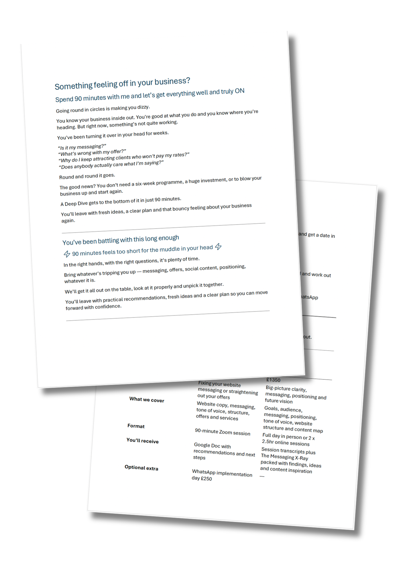 Two overlapping printed documents with text on topics related to business coaching and services, featuring headings, numbered lists, and bullet points.