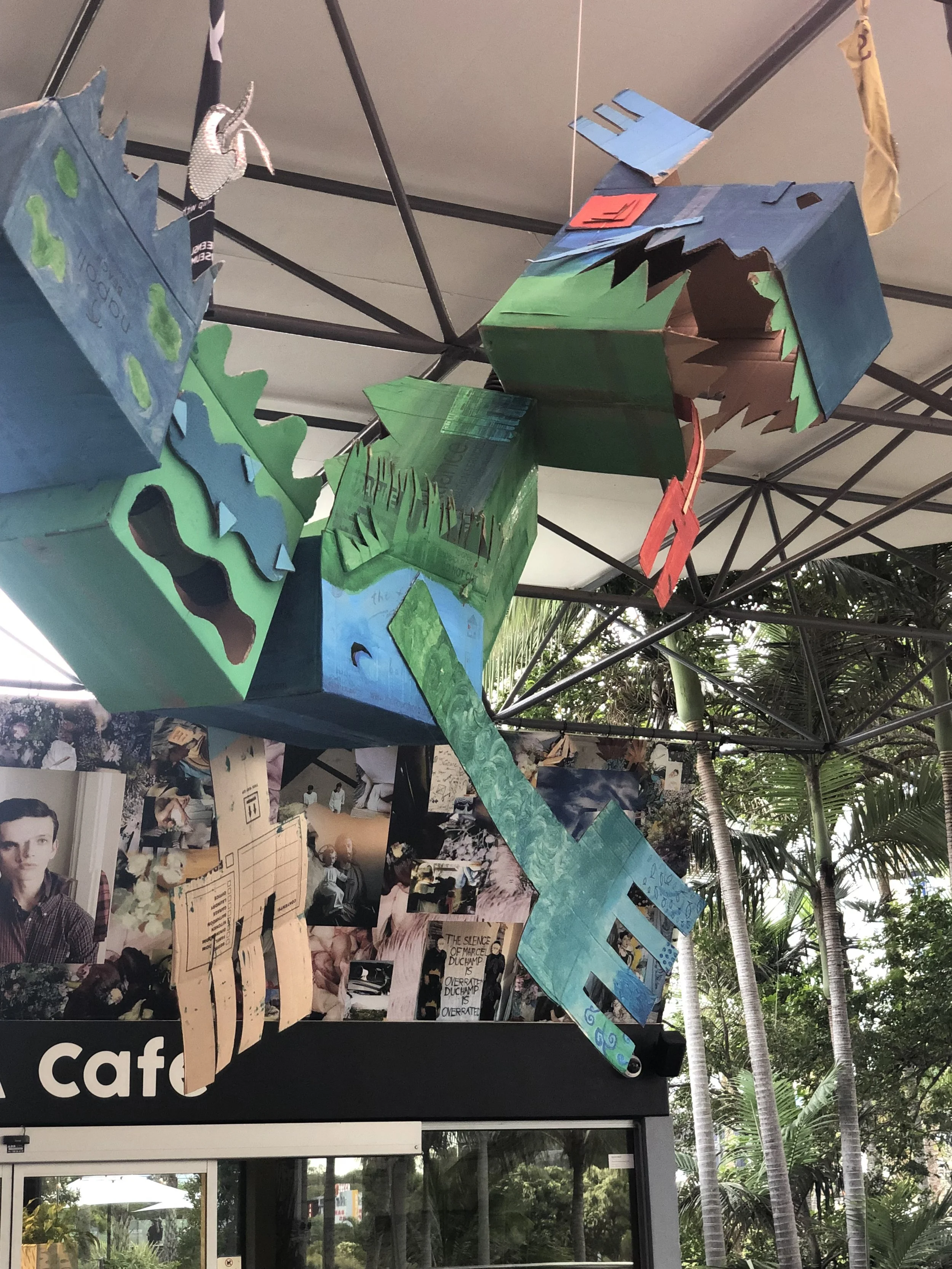 Jason Phu, Give Us the Strength to Change the Weather, Almighty Dragons of the Four Seas 2019 cardboard, paint, wire, metal hardware, 400 cm x 40 cm x 50 cm (individual dragon)