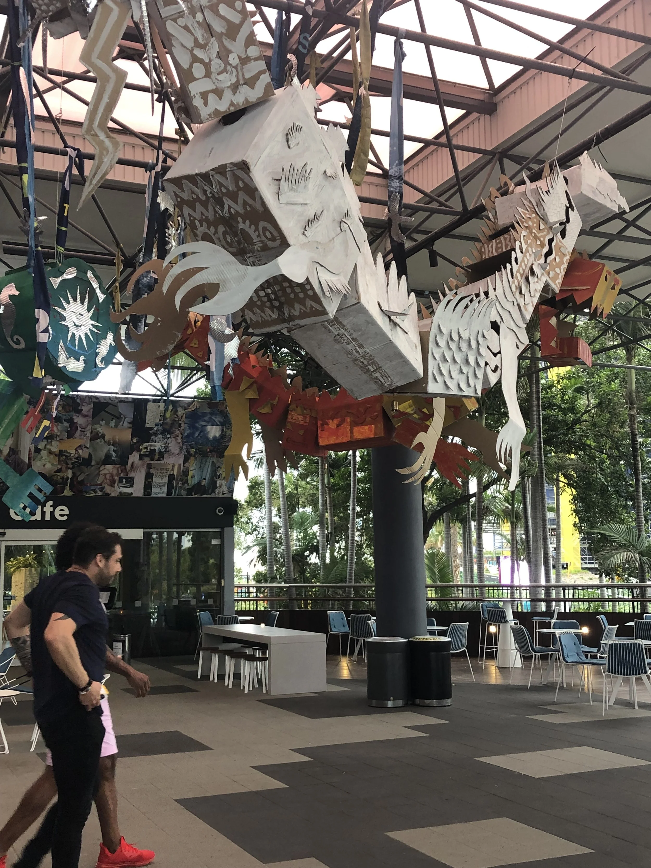 Jason Phu, Give Us the Strength to Change the Weather, Almighty Dragons of the Four Seas 2019 cardboard, paint, wire, metal hardware, 400 cm x 40 cm x 50 cm (individual dragon)