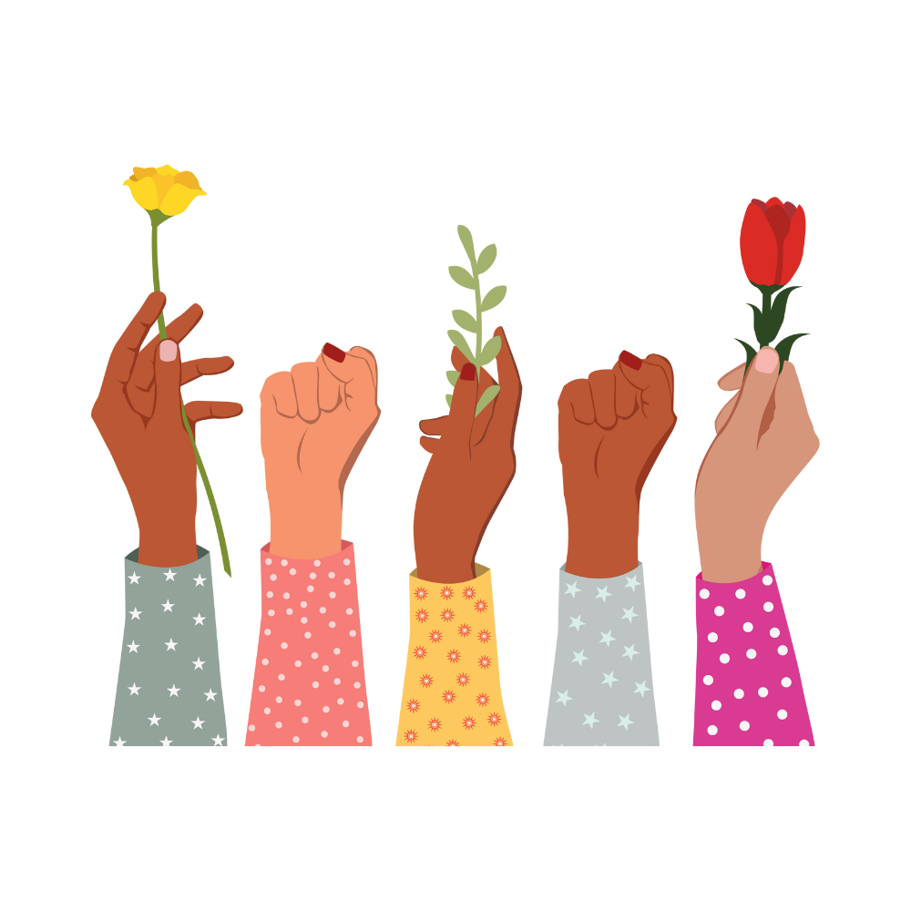 Cinq mains de femmes de différentes teintes de peau, toutes portant des manches à pois de différentes couleurs, tiennent des fleurs ou des branches de plantes, symbolisant la diversité et la solidarité.