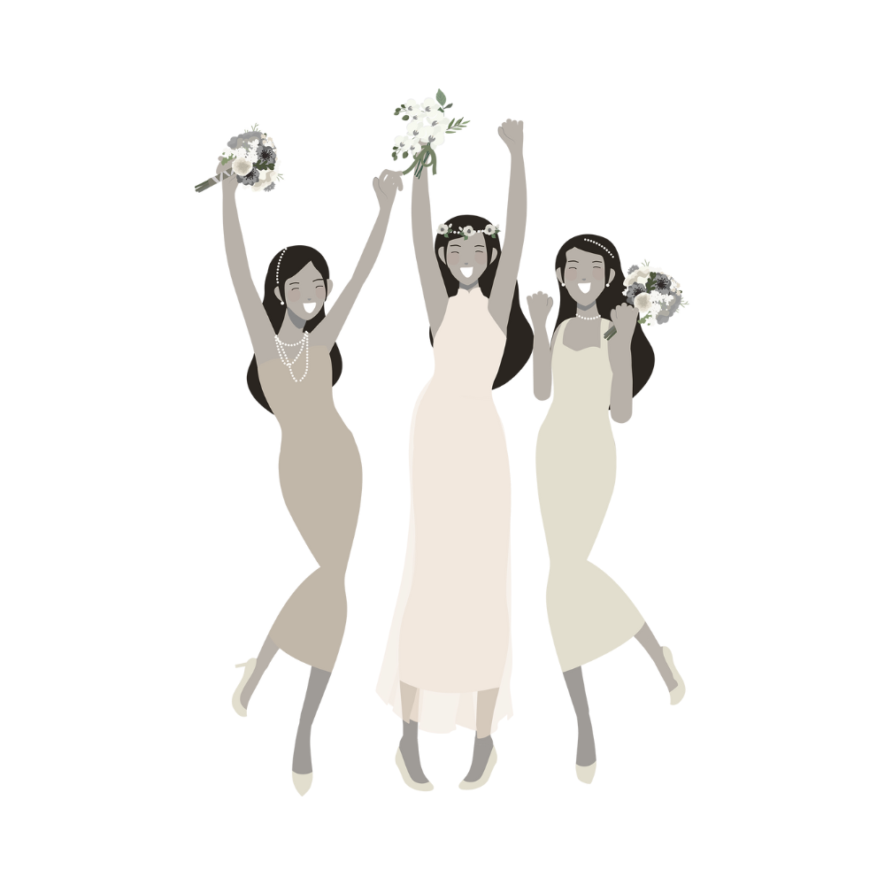 Trois femmes en robes de fête, célébrant avec des bouquets de fleurs et des bras levés